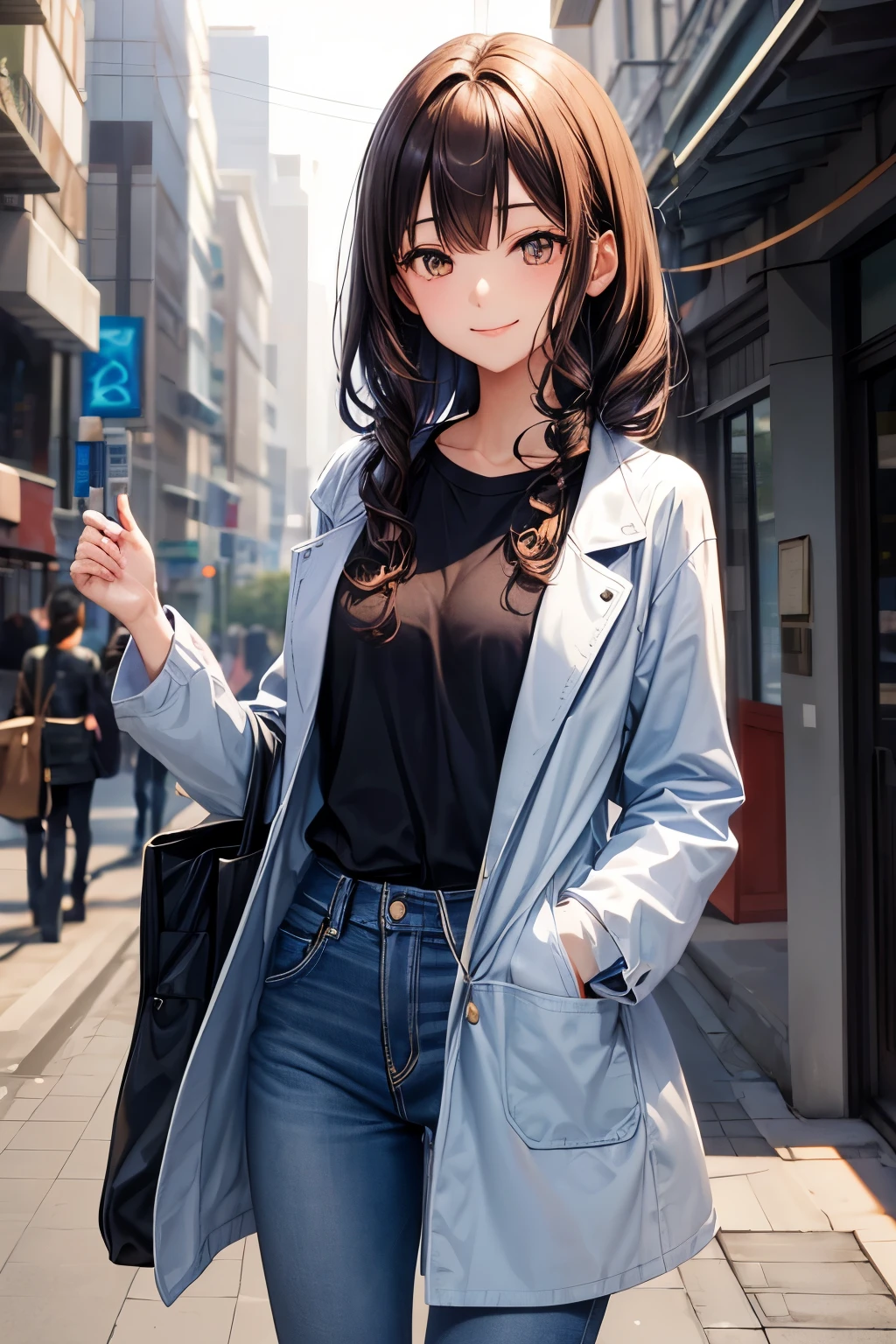 A 22 years old university student Japanese girl ((slender, small breast)), sky blue ombre hair(( very short, her right eye is hidden behind her long right swept bangs:1.4, slender smooth curly hair )), indigo jeans , gray overcoat, a long sleeve T-shirt (( gradation from blue to white)), smile calmly and gently, have a bouquet by her left hand ,(( brown smiling eyes ))