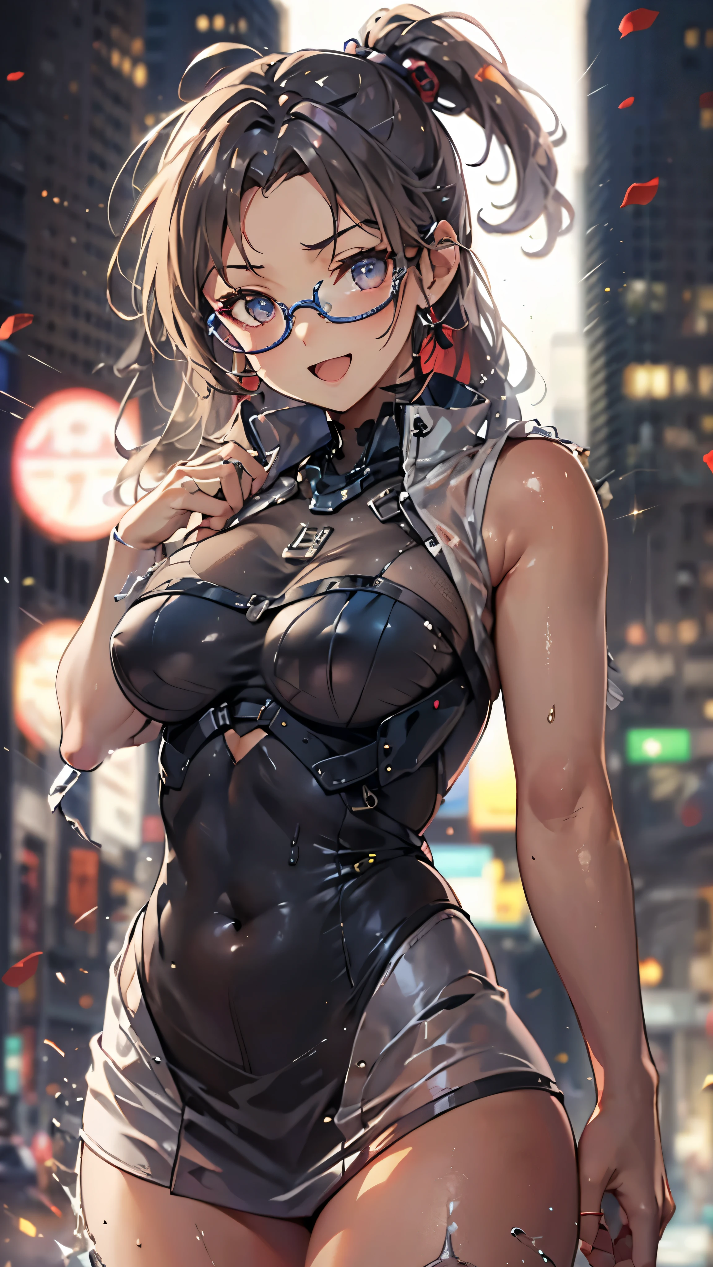 woman,,,city,night,(((tight mini skirt bodysuit))),,open mouth smile((See-through))Glasses,((Beautiful long ponytail)),((baby girl bohape))