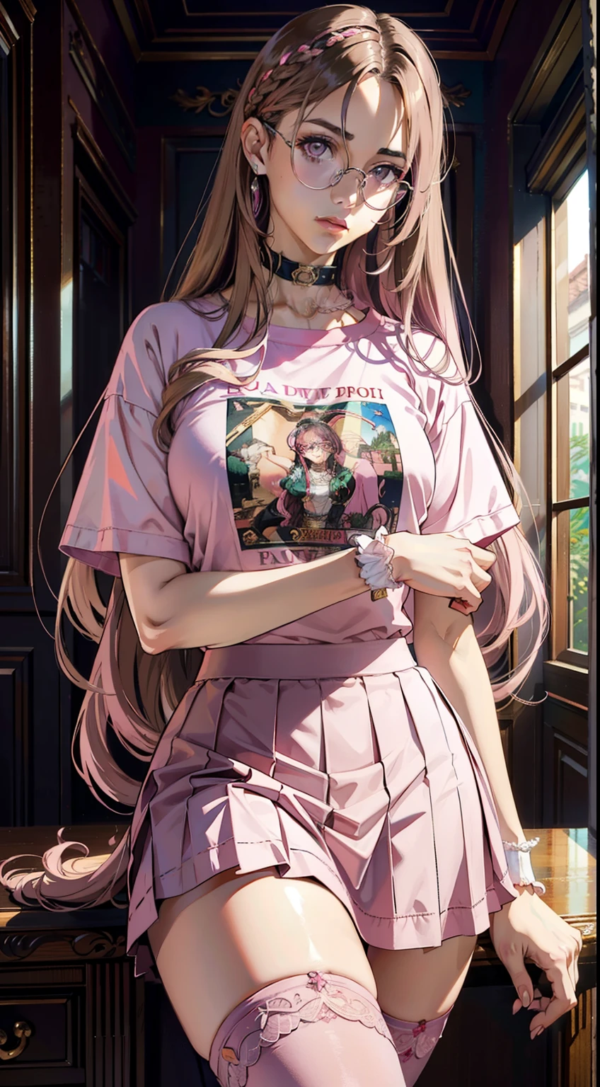 Beautiful italian woman, ((best quality)), ((masterpiece)), ( extreme detailed, highest detailed, official art, beautiful and aesthetic:1.2), oversize t-shirt, ((((skirt)))), choker, medium breast, medium body potrait, thighhighs socks, boots, absurdly long hair, (hair between eyes: 1.5), light brown hair, (pink eyes: 1.5), (((glasses))),
