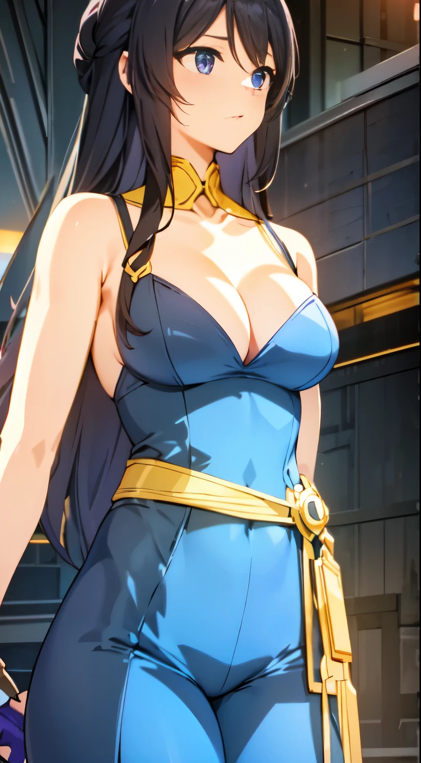 A girl wearing purple tights,Stand on the rooftop,Night is approaching。The girl is slim,Big breasts and fat butt,big eyes,high nose bridge,Sexy and feminine