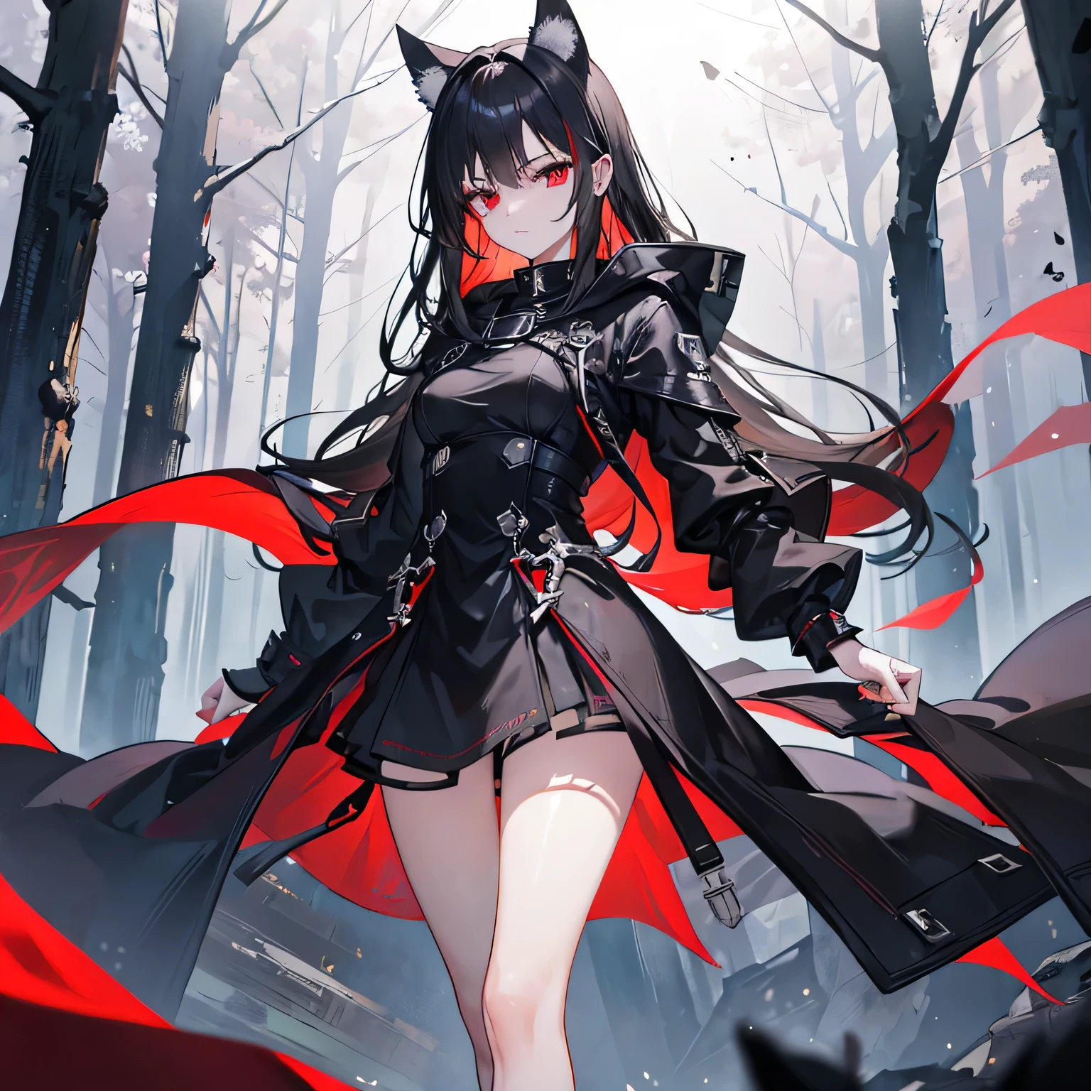 1girl, high resolution, masterpiece, extremely detailed, realistic, young, slender, sharp eyes, sharp face, beautiful, soft skin, smooth skin, oversized black coat, black boots, in forest, looking around, teenager, black long hair, red eyes, depressed, doesn't like life, has cat ears, dark clothes, pointy hair, adult face, apocalypsis, detailed face, very sharp face
