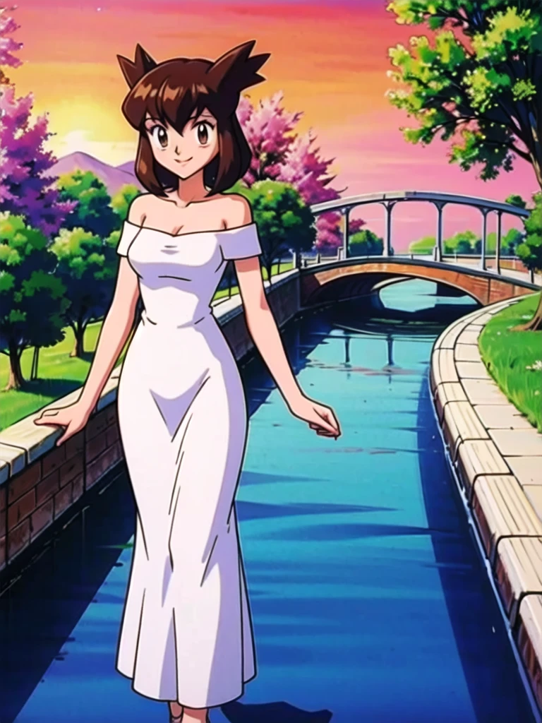 Bianca (pokemon heroes), 1 girl, solo, short hair, brown hair, brown eyes, bare shoulders, strapless, white off shoulders dress, white ruffle off the shoulder attire, white maxi dress, intricate details, sharp focus, high resolution, the background of beautiful flower park with trees and canals, beautiful sunset, smile, walking on the bridge, arms behind back