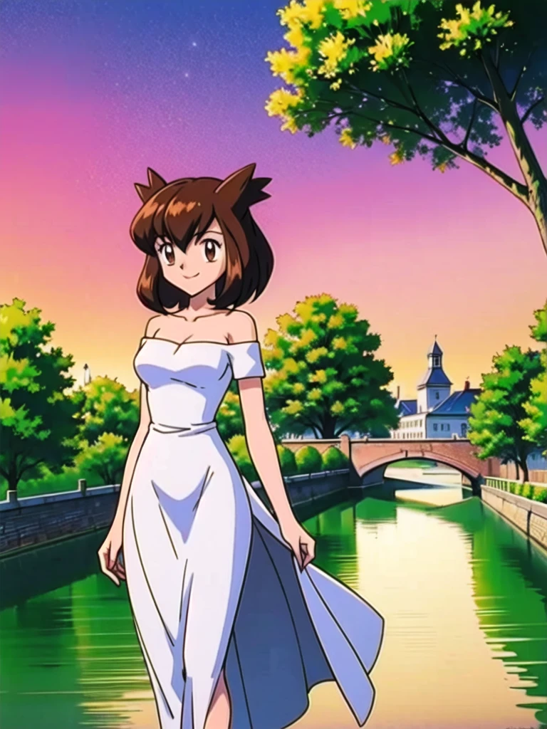 Bianca (pokemon heroes), 1 girl, solo, short hair, brown hair, brown eyes, bare shoulders, strapless, white off shoulders dress, white ruffle off the shoulder attire, white maxi dress, intricate details, sharp focus, high resolution, the background of beautiful flower park with trees and canals, beautiful sunset, smile, walking on the bridge, arms behind back