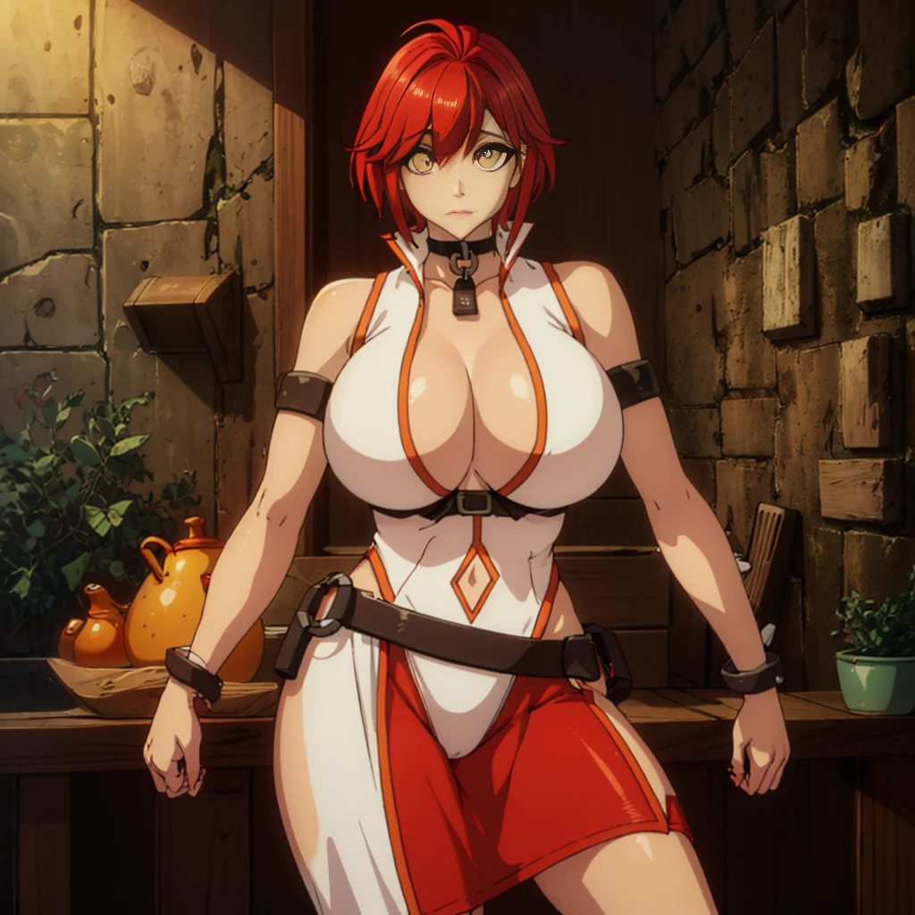 place：(day:1.7), in forest village, wooden kitchen ,brick_wall,

action：dungeon, standing, (large breast:1.5), dynamic pose,

trappings：(White_Sleeveless_Shirt:1.2),(Black_Choker),arm_strap, armband, bare_shoulders,red pants,belt,Deep_cleavage,(navel:1.1),cleavage cutout, (small talons on the forearm:1.2),

The character：choker,

the hair：(tall:1.2), (short_red_hair:1.2155), yellow eyes,bangs,

Eye expressions：looking at viewer, (innocent_big_eyes:1.3),

Quality: official art,extremely detailed CG unity 8k wallpaper, perfect lighting,Colorful, Bright_Front_face_Lighting, (masterpiece:1.0),(best_quality:1.0), ultra high res,4K,ultra-detailed, photography, 8K, HDR, highres, absurdres:1.2, Kodak portra 400, film grain, blurry background, bokeh:1.2, lens flare, (vibrant_color:1.2)

big breasts body: (Beautiful,large_Breasts:1.4), (narrow_waist), (skindentation, narrow waist, thighs, wide hips, half eye close, eyeliner, eyelashes, perfect face, detailed eyes, facial lighting:1.2),