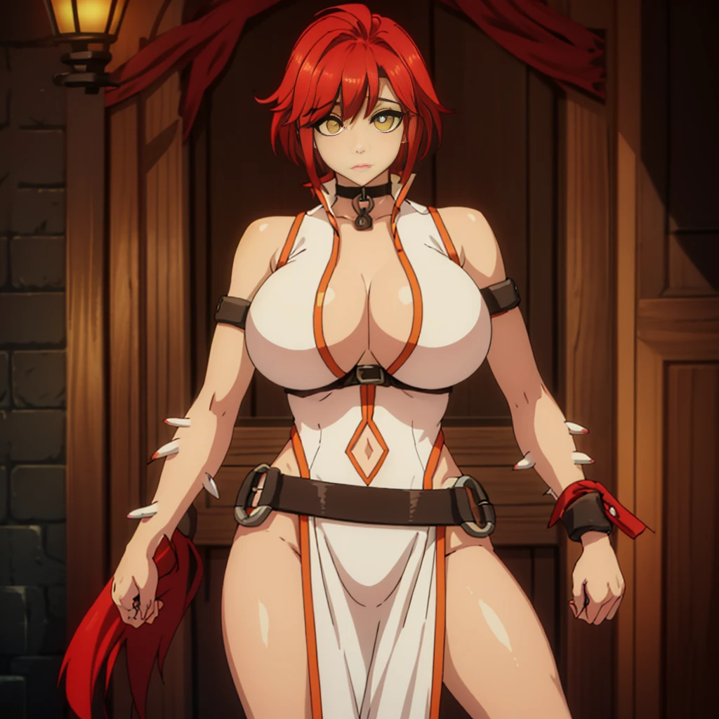 place：(day:1.7), in forest village, wooden kitchen ,brick_wall,

action：dungeon, standing, (large breast:1.5), dynamic pose,

trappings：(White_Sleeveless_Shirt:1.2),(Black_Choker),arm_strap, armband, bare_shoulders,red pants,belt,Deep_cleavage,(navel:1.1),cleavage cutout, (small talons on the forearm:1.2),

The character：choker,

the hair：(tall:1.2), (short_red_hair:1.2155), yellow eyes,bangs,

Eye expressions：looking at viewer, (innocent_big_eyes:1.3),

Quality: official art,extremely detailed CG unity 8k wallpaper, perfect lighting,Colorful, Bright_Front_face_Lighting, (masterpiece:1.0),(best_quality:1.0), ultra high res,4K,ultra-detailed, photography, 8K, HDR, highres, absurdres:1.2, Kodak portra 400, film grain, blurry background, bokeh:1.2, lens flare, (vibrant_color:1.2)

big breasts body: (Beautiful,large_Breasts:1.4), (narrow_waist), (skindentation, narrow waist, thighs, wide hips, half eye close, eyeliner, eyelashes, perfect face, detailed eyes, facial lighting:1.2),