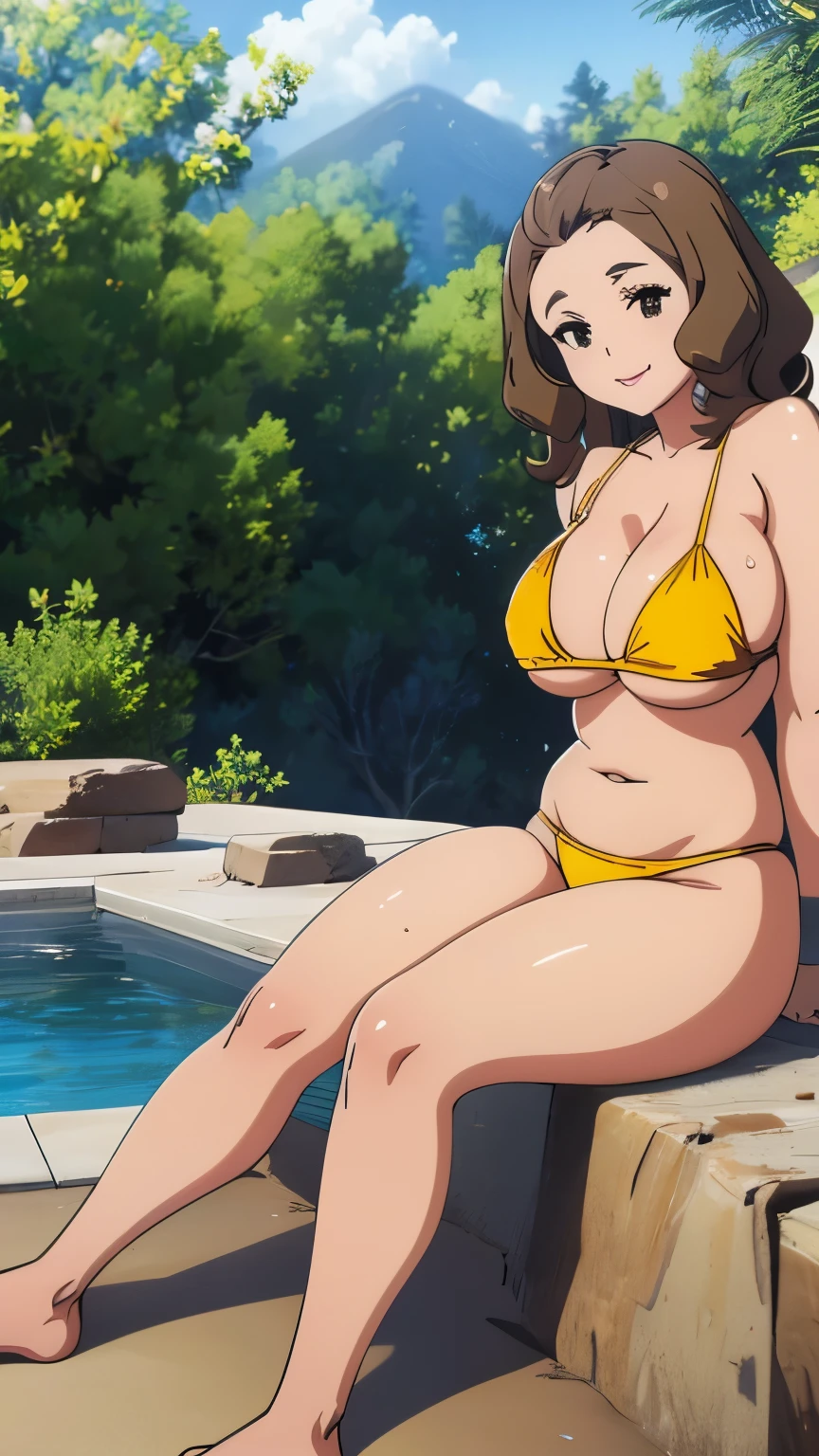 high quality、1 girl,(alone:1.1)、momoko kouduki,yellow bikini ,brown hair,brown hair,white ribbon,(huge breasts:1.2),(yerrow bikini:1.3),(plump:1),(Wet:1.2),(outside the house:1.3),smile,sitting,(full body:1)