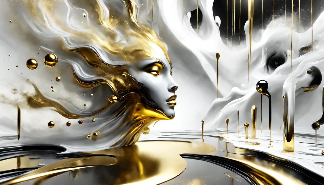 Das Bild verschmilzt zeitlose Eleganz mit einer faszinierenden Fusion von gerenderter 3D-Kulisse und einem fotorealistischen Model. Precise, gerade Kanten rahmen die Szenerie ein, while liquid gold creates a harmonious atmosphere against a pure white background. The rendered 3D backdrop offers a modern and stylish atmosphere, while the photorealistic model represents the connection with high-quality jewelry. Die Kombination aus virtueller Kulisse und realistischem Model verleiht dem Bild eine einzigartige Dimension. Offers sophisticated presentation, die die Fusion von moderner Technologie und hochwertiger Mode unterstreicht. Black Gold Liquid Gold. Sei Kreativer. More liquid gold. den schriftzug "Jadue" add in black ink. Bring das Menschliche Model mit in das Bild .