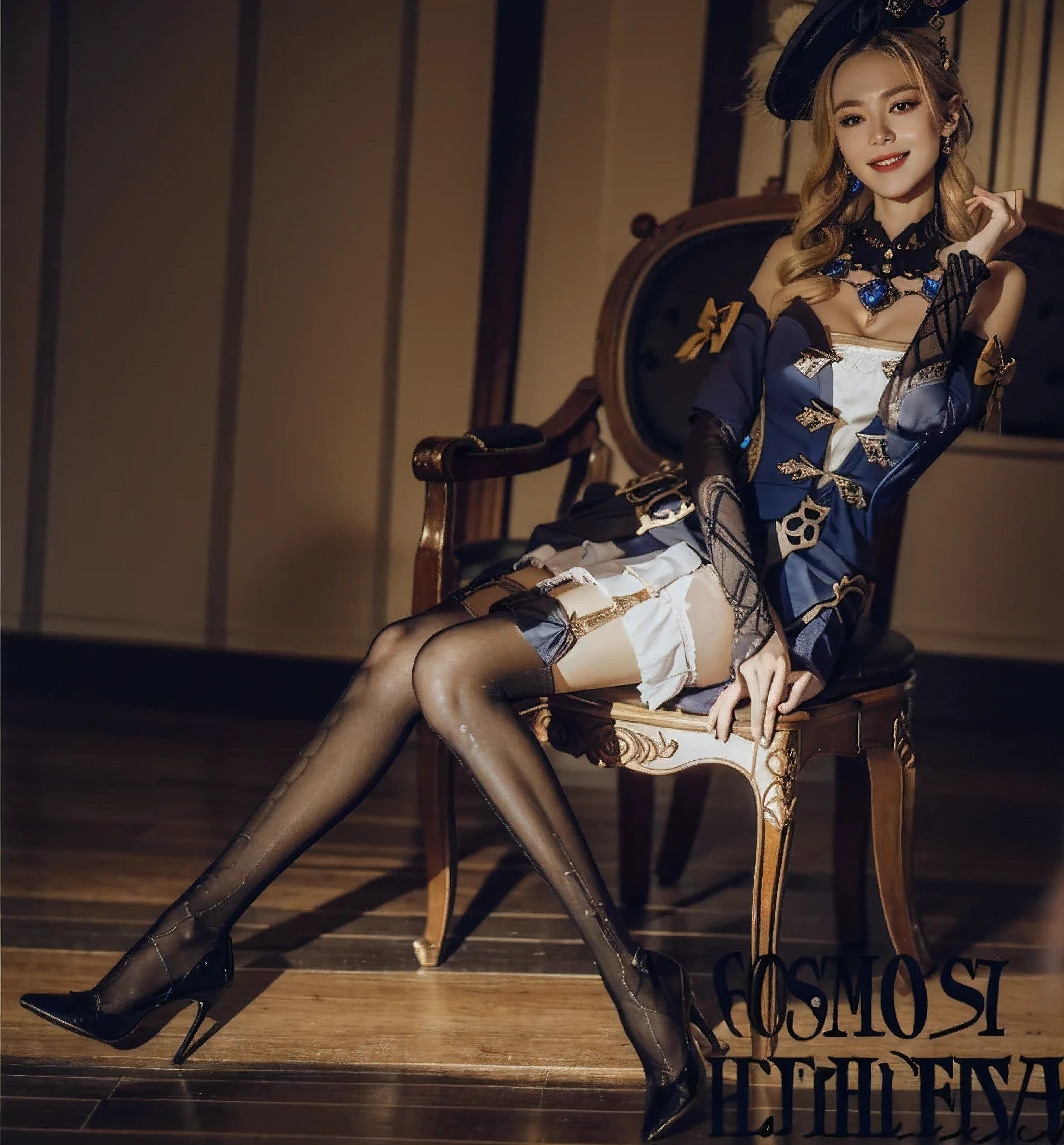 18-year-old girl, on bed,  black high heels, pointed-toe heels, (black stilettos heels), (side hollow heels), (black thighhighs), beautiful legs,slim legs, (smile:1.6), 
navia /(genshin impact/), (looking at viewer), cleavage, breasts, blue diamond necklace, 
ornate dress, black bodice, black and yellow long skirt, long train, low-cut bodice, open chest, off shoulder, extremely beautiful face, detailed face, detached sleeves, white ruffles, navy bows on sleeves, open skirt at front, long blonde hair, curly hair, big hat, masterpiece, best quality,highres, 1girl, navia, black headwear, black thighhighs, wariza, bare shoulders，(Perfect light and shadow), 85mm, Canon, f/2.8, UHD,RAW,retina, masterpiece, ccurate, anatomically correct, textured skin, super detail, high details, high quality, award winning, best quality, highres, 8k,a girl,