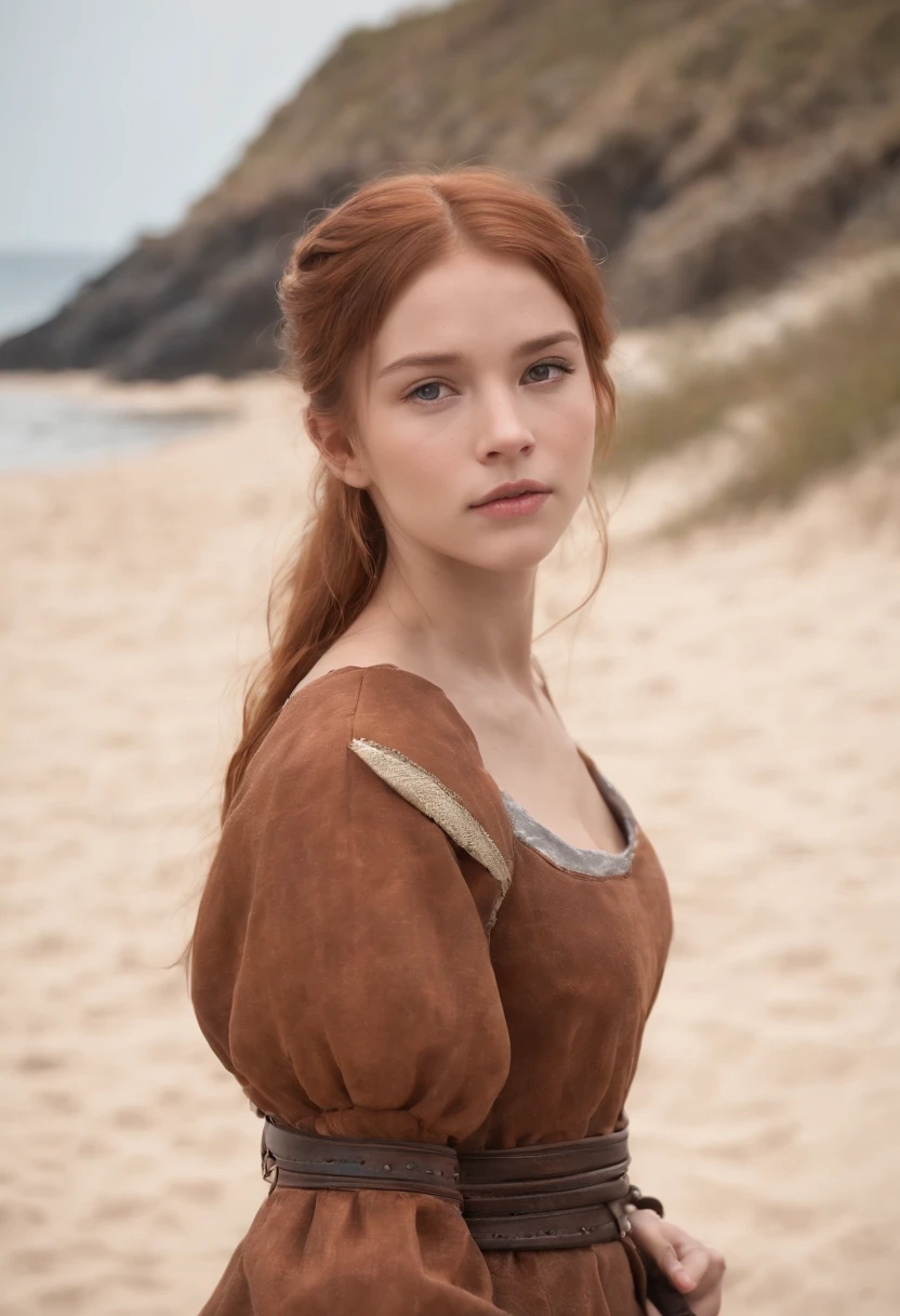 Full body photo of a girl with a sword in her hand、Norwegian girls、beautiful 13 year old girl、Redhead ponytail、dusty face、Medieval dress、Dressed in leather clothes、Girl standing against the background of a sandy beach、Wind、全身のphotorealism、sharp focus、realな顔の肌、heavy atmosphere、erotic face、beautiful girl with a copper sword、Beautiful 13 year old girl、hyper quality、High definition、real、photorealism、16k、4k、cinematic、