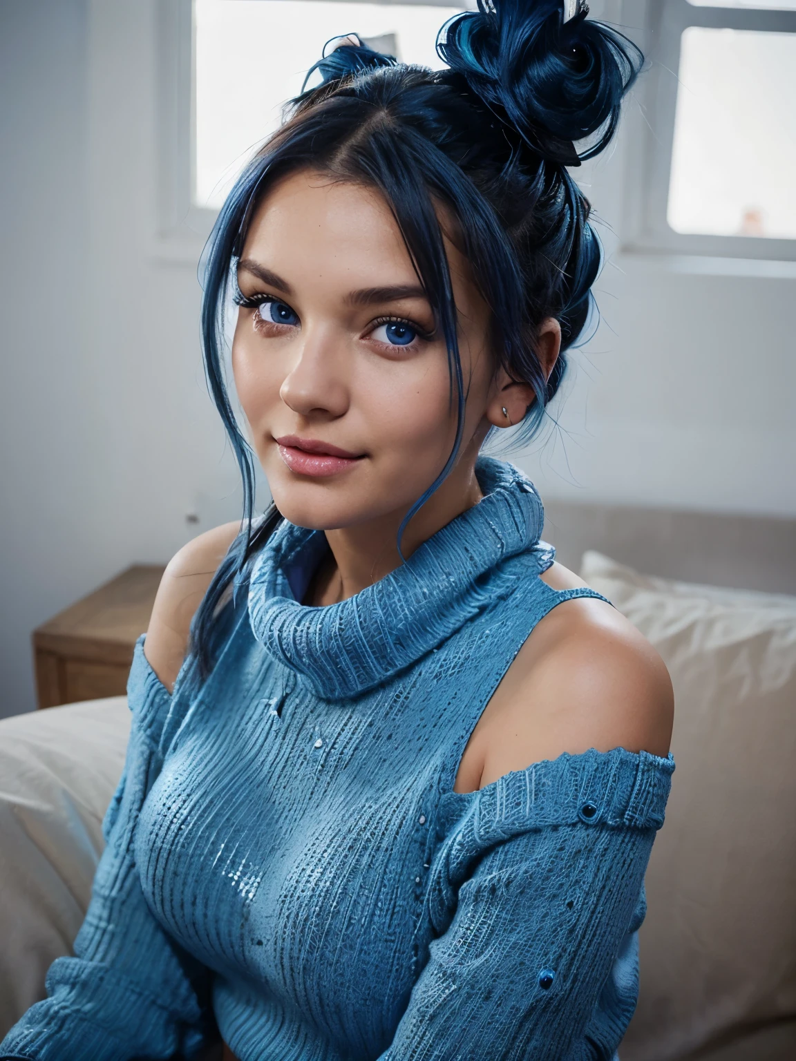 closeup portrait of a 25 years old girl, (super sexy face), brunette with ((2 buns dark and blue hair)), (crystal clear big blue eyes), (Kate Moss:0.6), (Miranda Kerr:0.4), flirting with camera, off Shoulder, smile, colorful sweater, perfect big sexy lips, futuristic clothes

