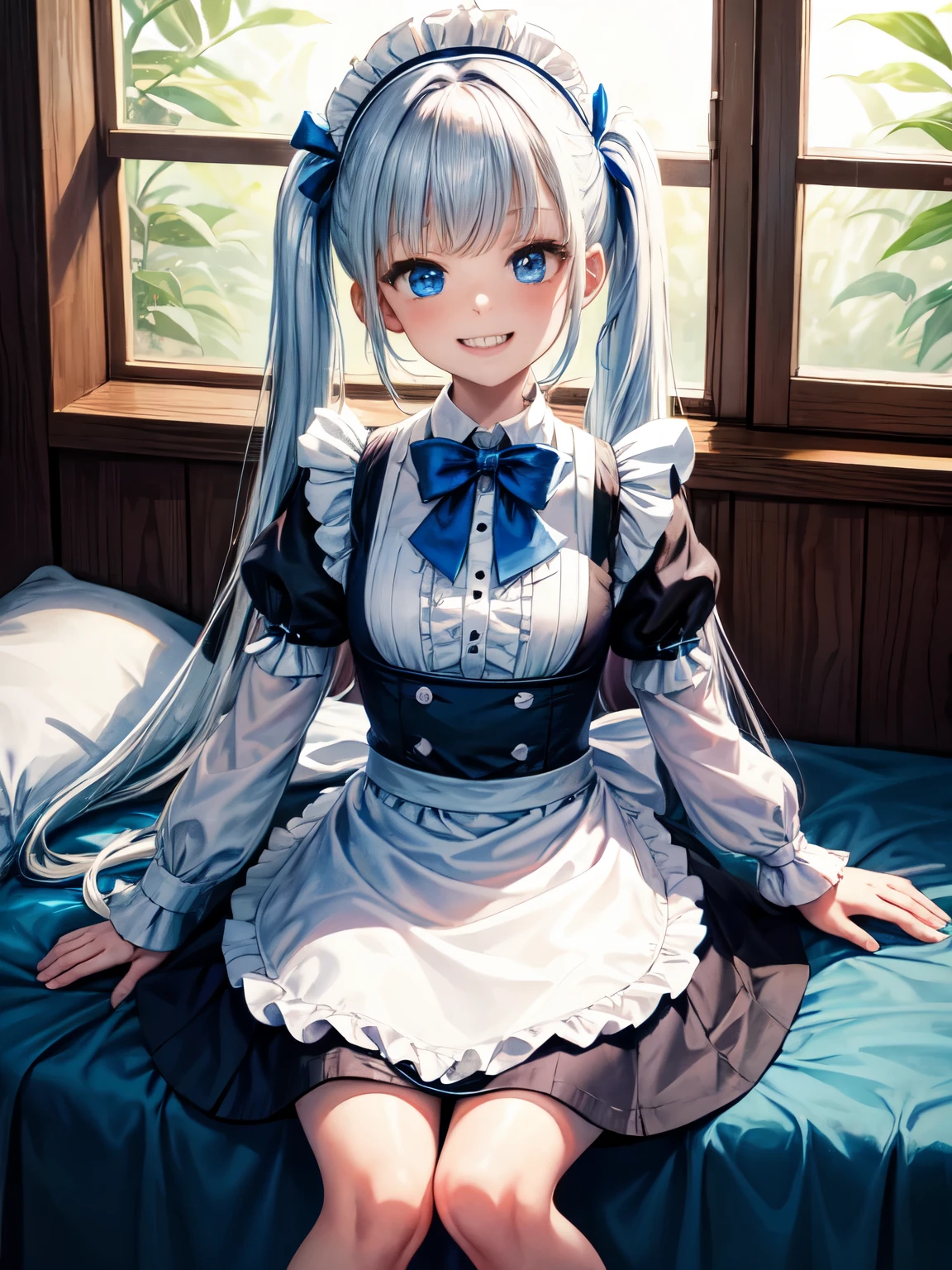 the picture of a little blue doll with white hairess sitting on a bed, 1girl, solo, blue eyes, long hair, apron, looking at viewer, short sleeves, blue bow, sitting, dress, maid headdress, bow, white apron, maid, indoors, bangs, frills, puffy sleeves, pantyhose, blurry background, on bed, bowtie, teeth, smile, blue eyes, sitting, looking at viewer, twintails, skirt, bow, sharp teeth, shirt, black shirt, blue bow, white skirt, bangs, long hair, long sleeves, bowtie, very long hair, breasts, frills,grin