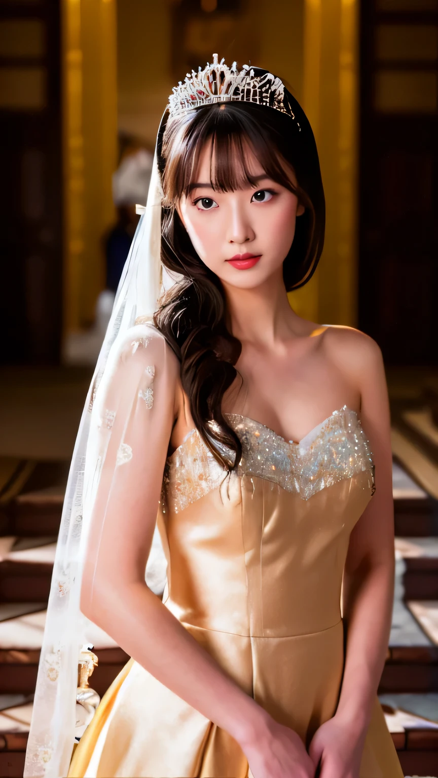 (medium wide shot:1.4), Hyper-Realism, (Photorealsitic:1.4), 8K, maximum resolution, (masterpiece), Canon R5, 50mm, highly detailed, best quality, Refined face, Japanese most beautiful woman, detailed beautiful eyes, 23yo, Princess-line dress,
Descending a palace staircase, elegant expression,