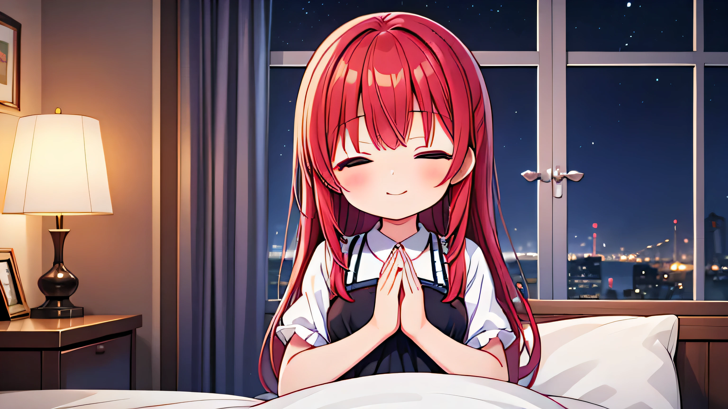 anime, (masterpiece:1.2), inside small house, night, a mature girl with long red hair and closed eyes in black dress is praying on the bed, light smile