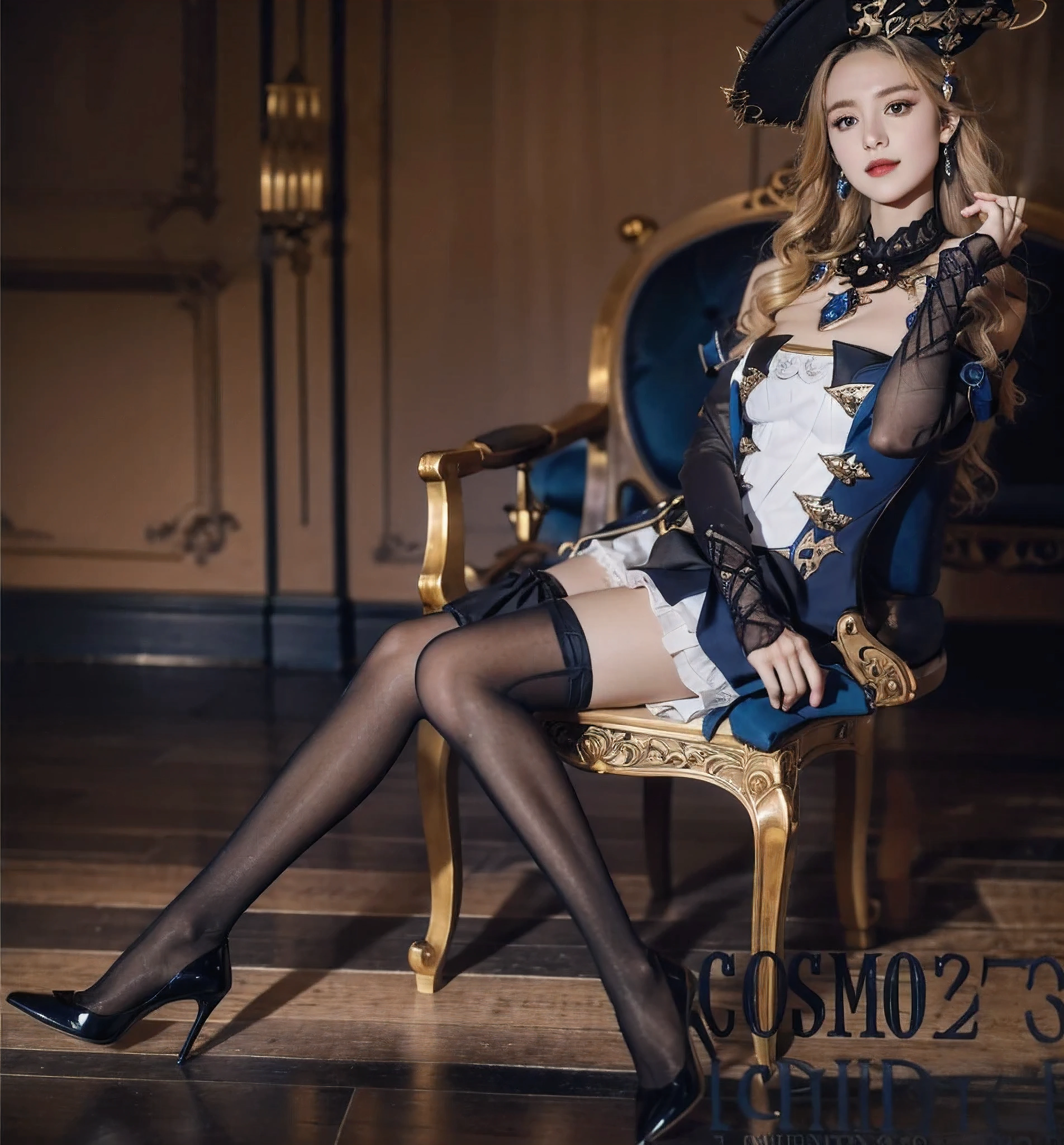 18-year-old girl, on bed,  black high heels, pointed-toe heels, (black stilettos heels), (side hollow heels), (black thighhighs), beautiful legs,slim legs,   
navia /(genshin impact/), (looking at viewer, smile:1.2), cleavage, breasts, blue diamond necklace, 
ornate dress, black bodice, black and yellow long skirt, long train, low-cut bodice, open chest, off shoulder, extremely beautiful face, detailed face, detached sleeves, white ruffles, navy bows on sleeves, open skirt at front, long blonde hair, curly hair, big hat, masterpiece, best quality,highres, 1girl, navia, black headwear, black thighhighs, wariza, bare shoulders，(Perfect light and shadow), 85mm, Canon, f/2.8, UHD,RAW,retina, masterpiece, ccurate, anatomically correct, textured skin, super detail, high details, high quality, award winning, best quality, highres, 8k,a girl,