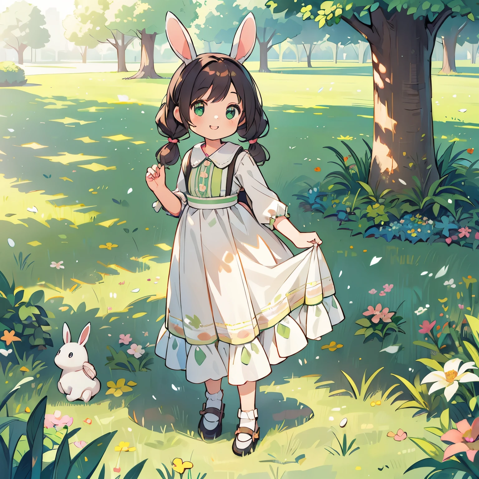 (photorealistic:1.37)、octane rendering、Morning park、Walk with a rabbit doll、Girl has twin tail hairstyle and smiles、Bright colors、soft sunlight、beautiful flower、green grass、playful atmosphere、peaceful environment、detailed texture、Bright colors、cute shoes with accessories、He looks happy