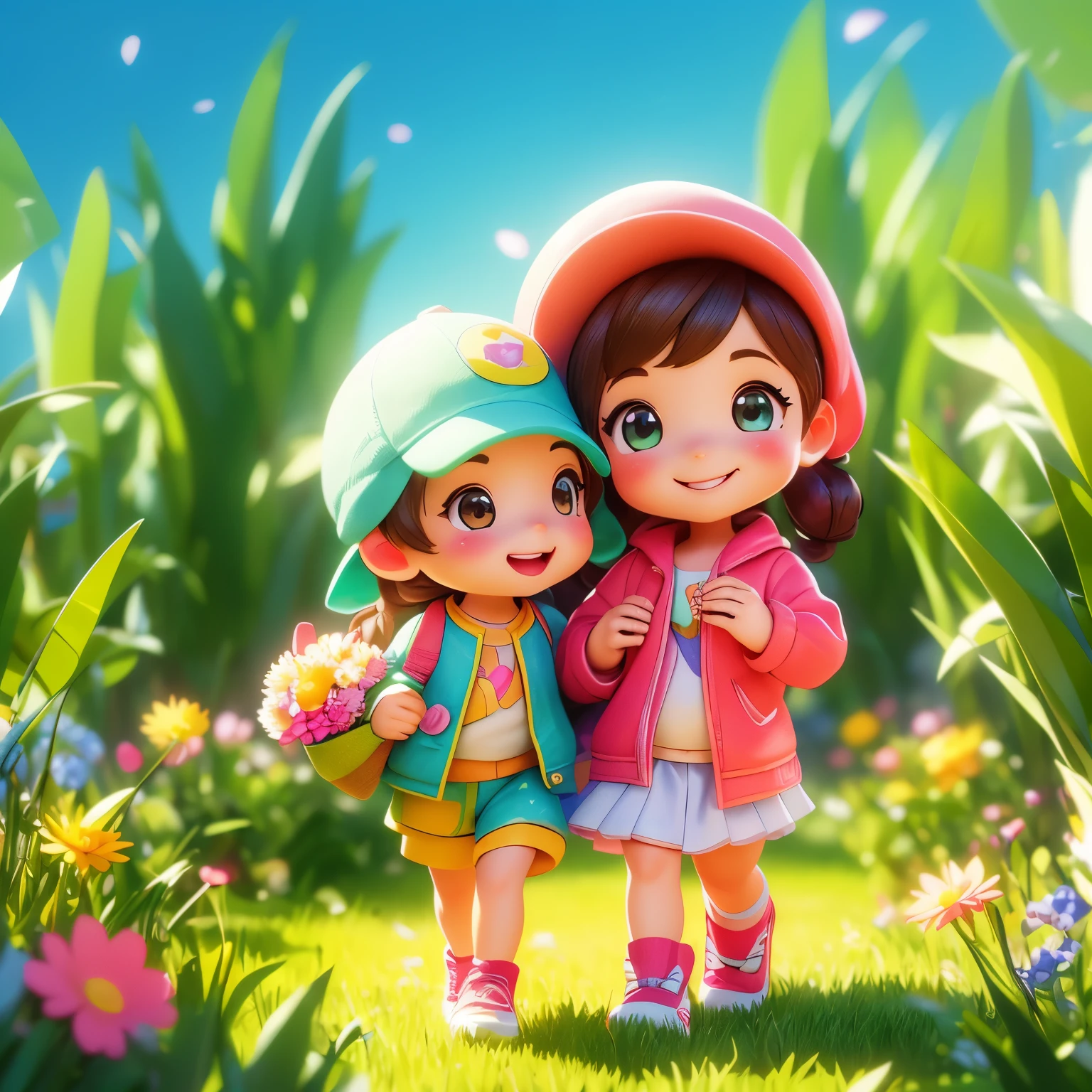(photorealistic:1.37)、octane rendering、Morning park、Walk with a rabbit doll、Girl has twin tail hairstyle and smiles、Bright colors、soft sunlight、beautiful flower、green grass、playful atmosphere、peaceful environment、detailed texture、Bright colors、cute shoes with accessories、He looks happy