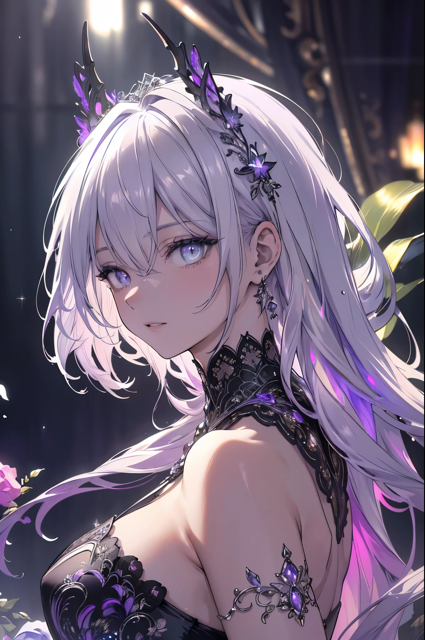 High definition RAW color art, Animation,sculptures, Silver Marble Skin, (((Ultra detailed elegant))), Magical atmosphere, Detailed skin, Texture,(Intricately detailed, Fine detail, ultra-detail art), depth of fields, Bokeh, Silky Touch, Hyper Detail, Matte Drawing, sparkle background, (neon purple), beautiful eyes, elegant face, looking back, breast