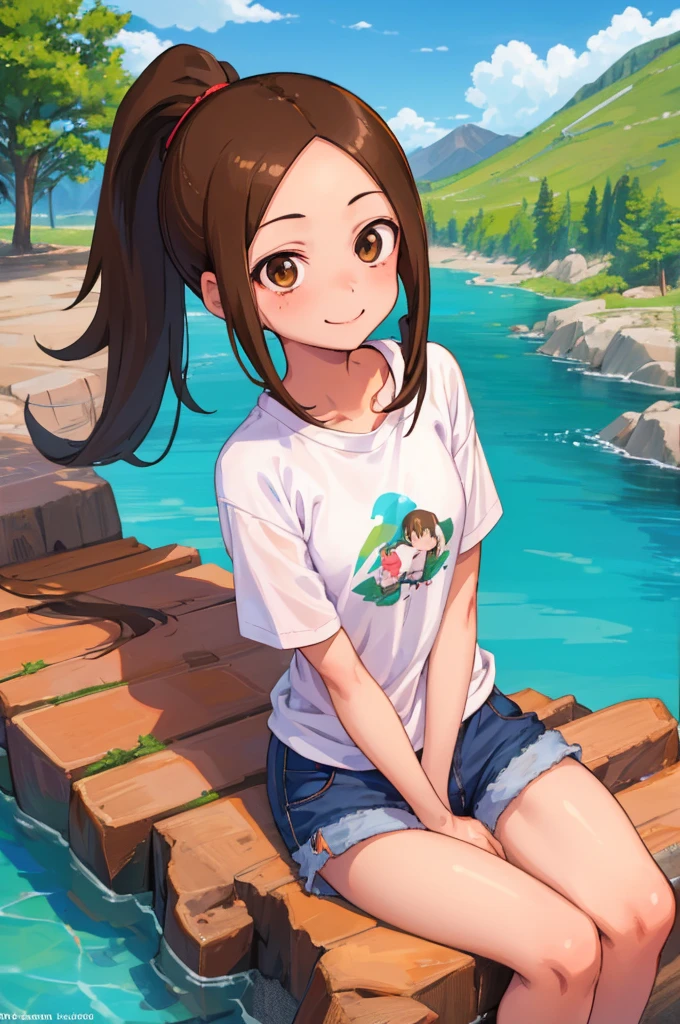 1girl, takagisan, , brown eyes, brown hair, ponytail, forehead, t-shirt, short shorts, smile, sitting, mountain, river, night  happy 泳装