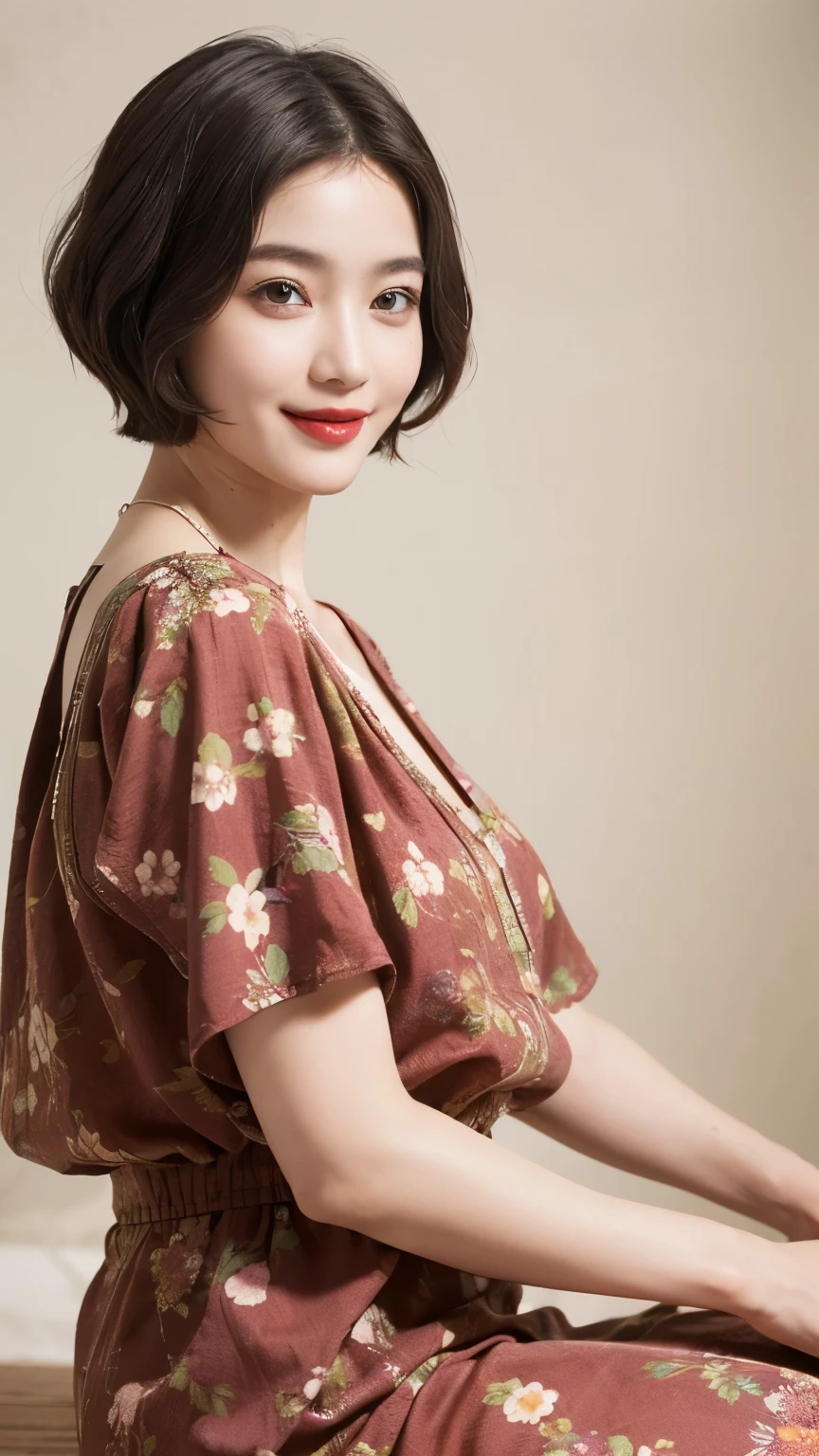 149
(20 year old woman,floral print outfit,pants), (Super realistic), (high resolution), ((beautiful hairstyle 46)), ((short hair:1.46)), (gentle smile), (brest:1.1), (lipstick)