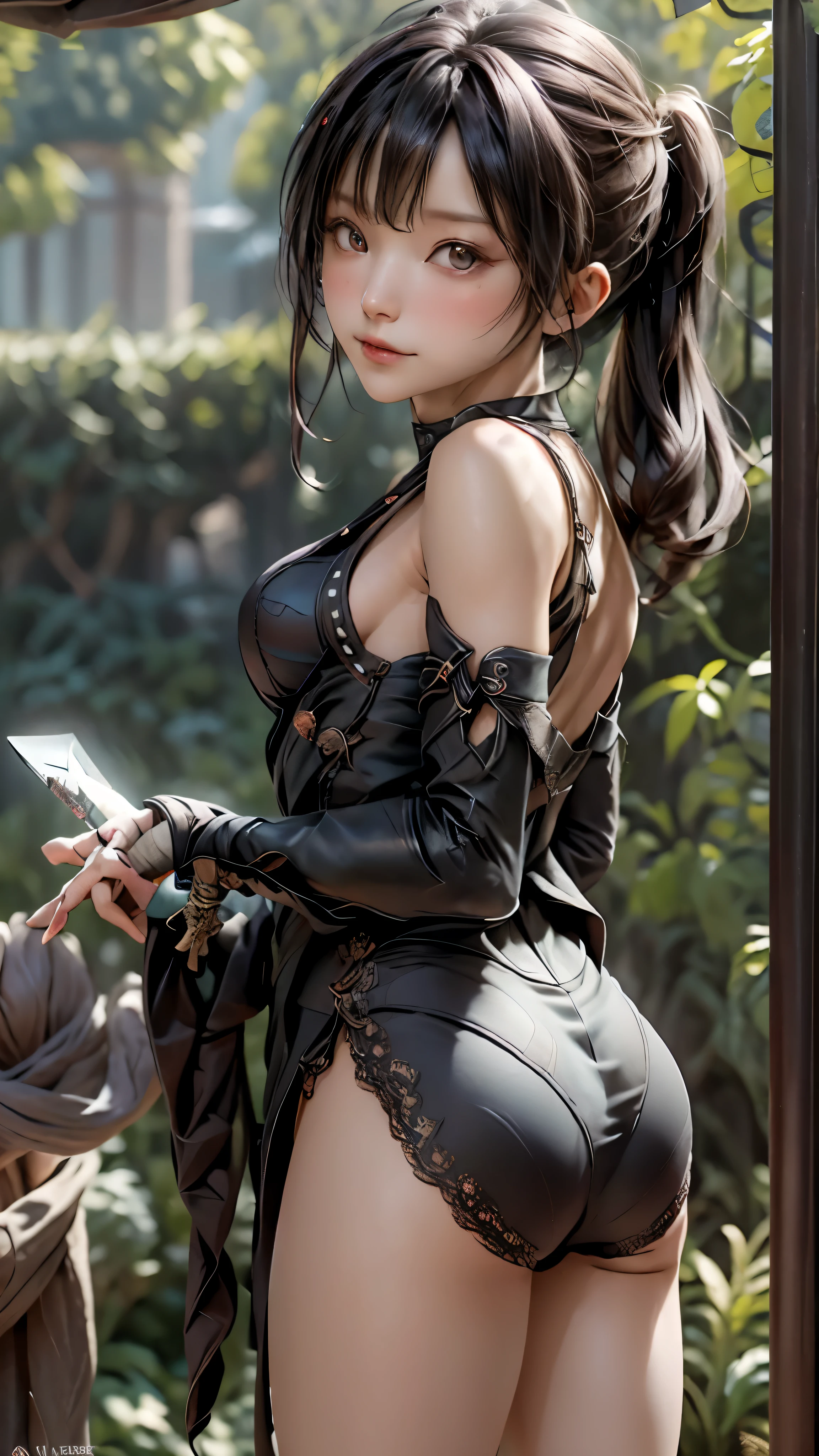 ((highest quality)), ((masterpiece)), (be familiar with:1.4), 。.。.。.3D, beautiful cyberpunk woman image,nffsw(high dynamic range),ray tracing,NVIDIA RTX,super resolution,unreal 5,scattered below the surface,PBR texturing,Post-processing,anisotropic filtering,written boundary depth,maximum clarity and sharpness,multilayer texture,Albedo and specular maps,surface shading,Accurate simulation of light-matter interactions,perfect proportions,octane rendering,two-tone lighting,wide aperture,Low ISO、White balance、Rule of thirds、8,000 students、((Holding a sword in your hand))(((look back)))