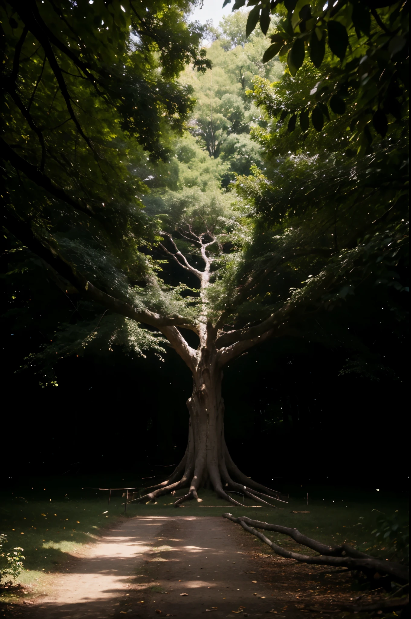 Image of a grand tree whose roots and branches gently pulse with an otherworldly glow, hinting at unseen energy, embodying the bridge between the narrated world and the unknown. --ar 1:1