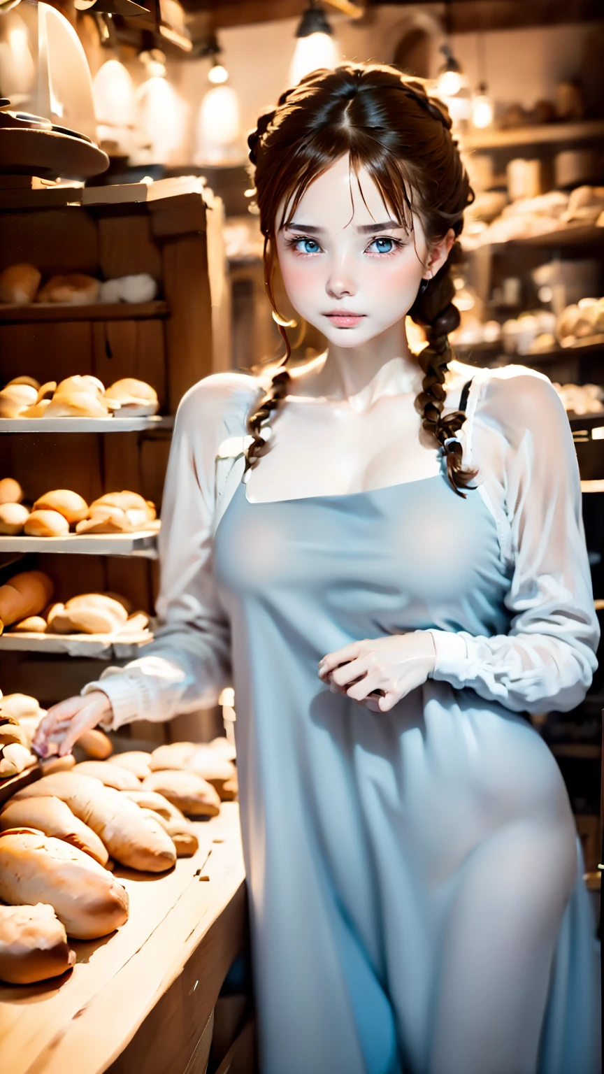 french bakery、one girl、Bakery clerk、Fashionable、french braid、blue eyes、plump lips、anatomy、surreal、highest quality、ultra high resolution、Super detailed、RAW photo、８ｋ、Everyday scenery、A shop with delicious baguettes、