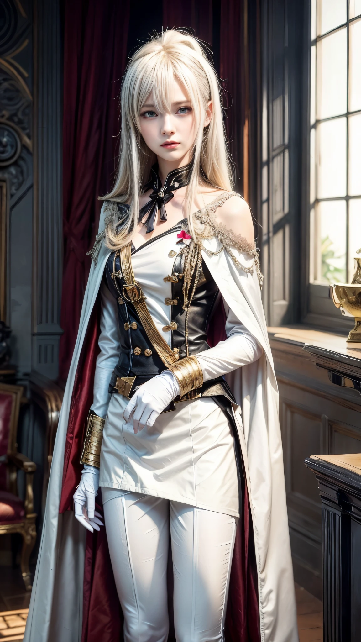 style image of a woman in a white suit and cape, delicate androgynous prince, beautiful androgynous prince, inspired by Li Chevalier, from girls frontline, fine details. girls frontline, from the azur lane videogame, characters from azur lane, azur lane style, girls frontline style, girls frontline cg, official character art, white haired deity