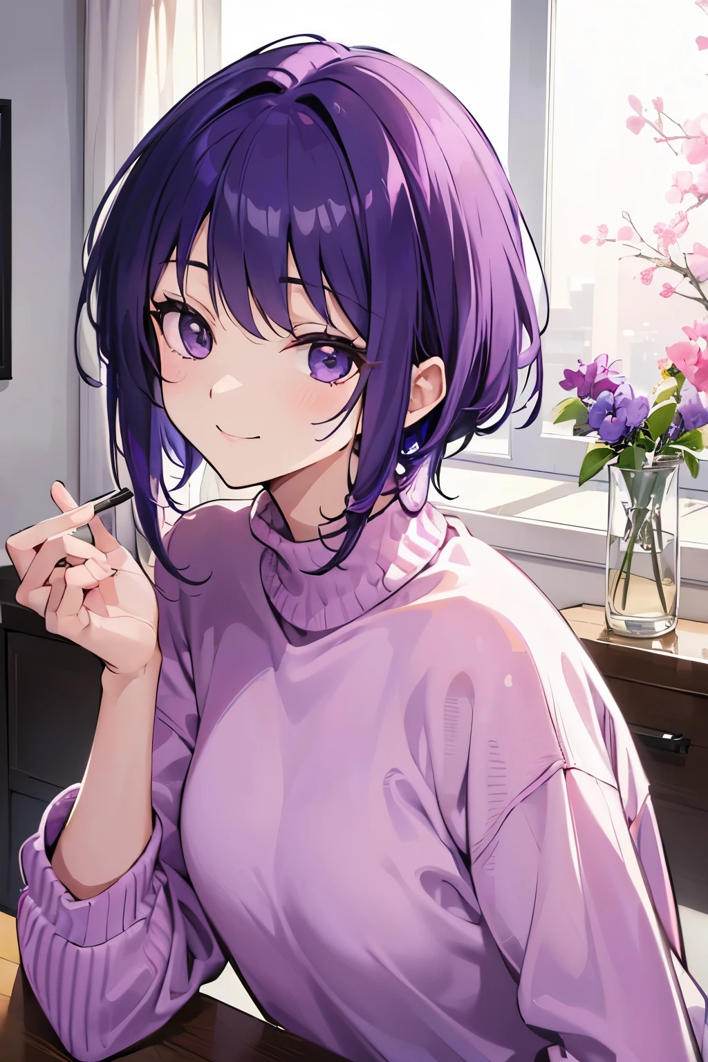 (T Masterpiece,4k wallpaper,best quality))、((girl1people))、(solo)、Brilliant,(purple hair)、(shortcut:1.3)、smile、close up of face、morning、sweater、room
