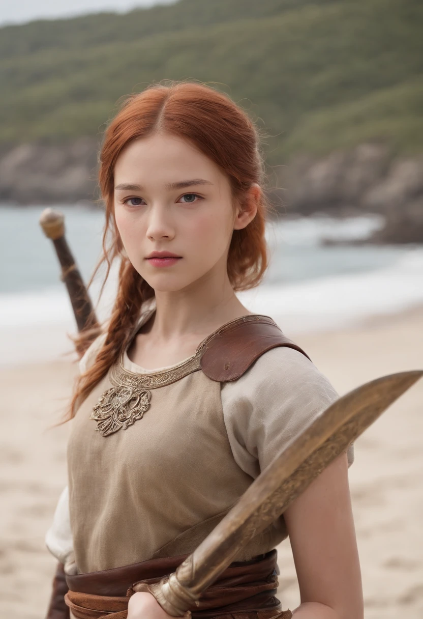 Full body photo of a girl with a sword in her hand、Norwegian girls、beautiful  girl、Redhead ponytail、dusty face、Medieval dress、leather helmet、leather armor、white clothes、Leather gloves、linen sarouel pants、Leather sandals、copper sword、Girl standing with wooden shield against the background of sandy beach、Wind、全身のphotorealism、sharp focus、realな顔の肌、heavy atmosphere、erotic face、copper swordを持った美しい少女、Beautiful 13 year old quality、High definition、real、photorealism、16k、4k、cinematic、