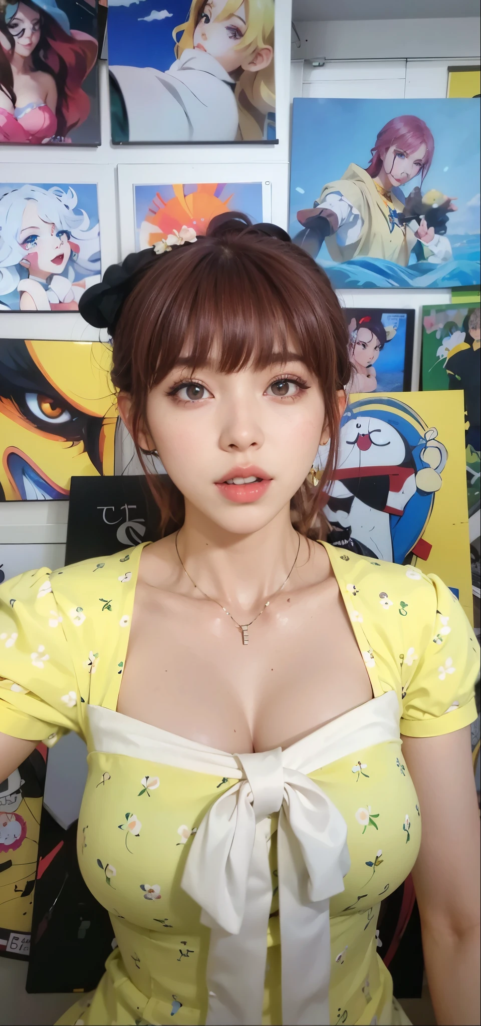 arafed woman in yellow dress posing in front of a wall of anime art, young beautiful amouranth, sun yunjoo, sakimichan, amouranth, better known as amouranth, popular south korean makeup, belle delphine, ruan cute vtuber, korean girl, beautiful south korean woman, lalisa manobal,