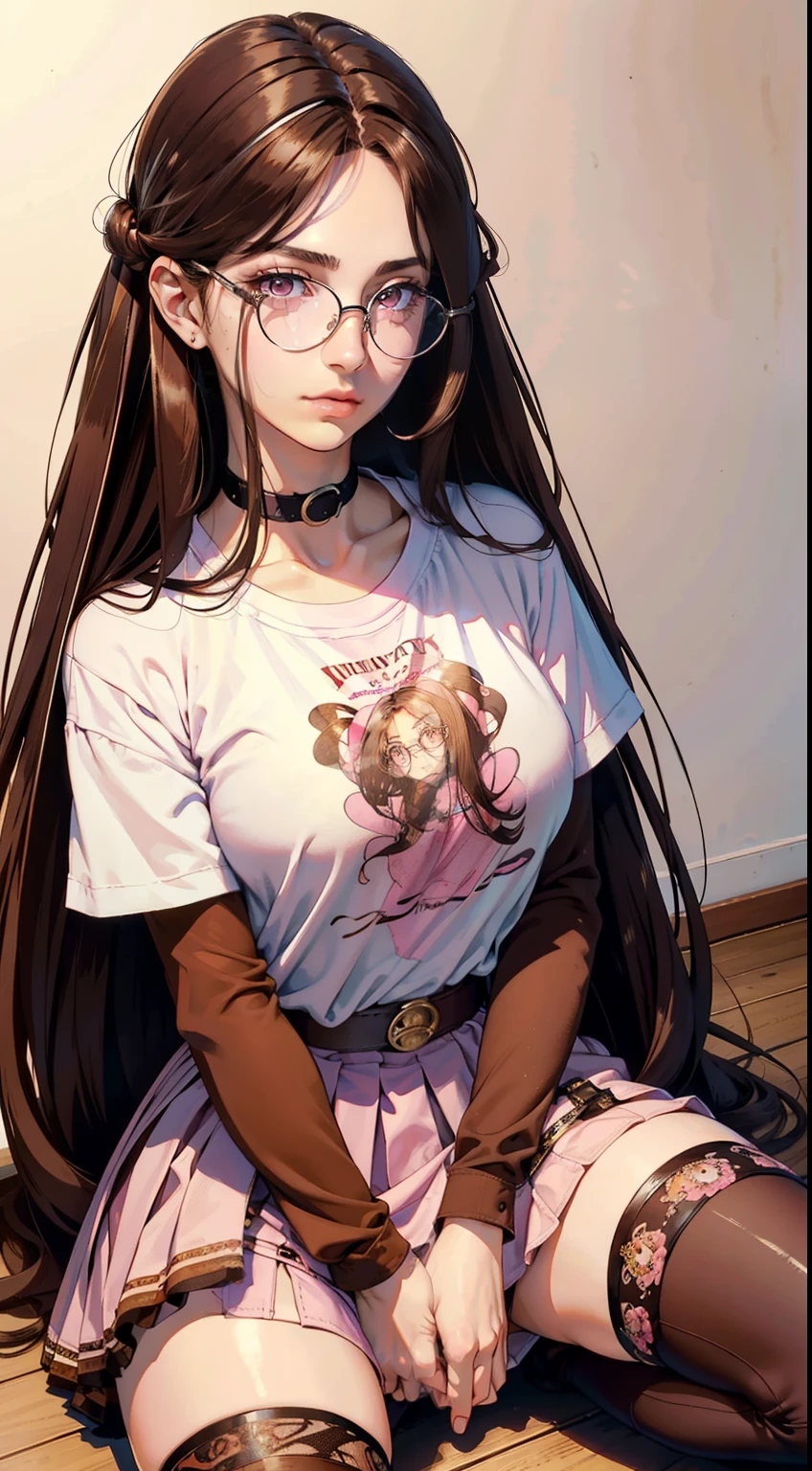Beautiful italian woman, ((best quality)), ((masterpiece)), ( extreme detailed, highest detailed, official art, beautiful and aesthetic:1.2), oversize t-shirt, ((((skirt)))), choker, medium breast, medium body potrait, thighhighs socks, boots, absurdly long hair, (hair between eyes: 1.5), (((brown hair: 1.5))), (pink eyes: 1.5), (((glasses))),