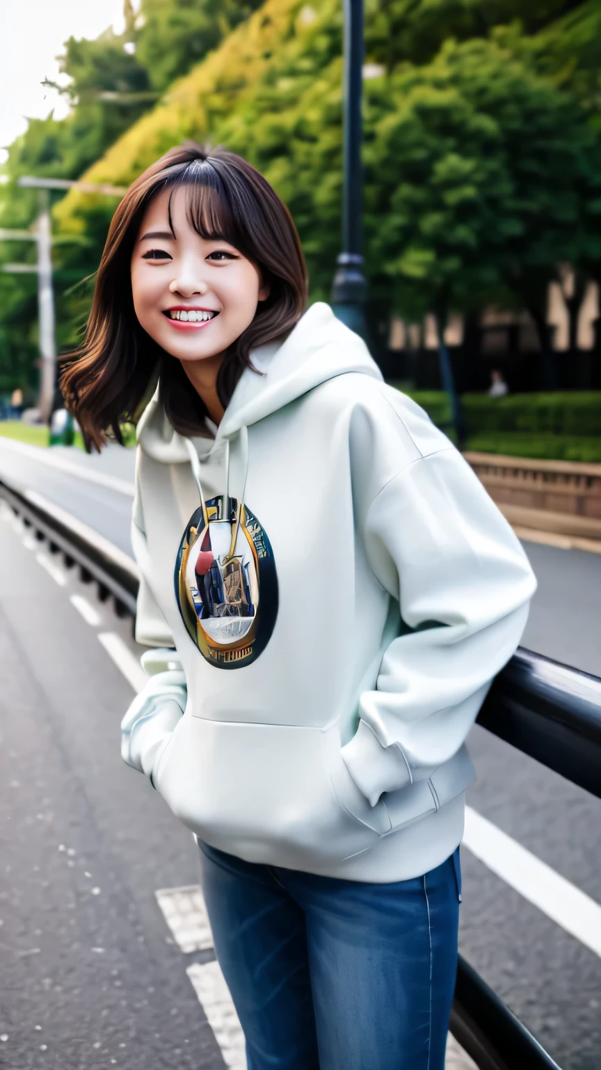 (medium wide shot:1.4), Hyper-Realism, (Photorealsitic:1.4), 8K, maximum resolution, (masterpiece), Canon R5, 50mm, highly detailed, best quality, Refined face, Japanese most beautiful woman, detailed beautiful eyes, 23yo, Casual hoodie and shorts,
Riding a bicycle, refreshing smile