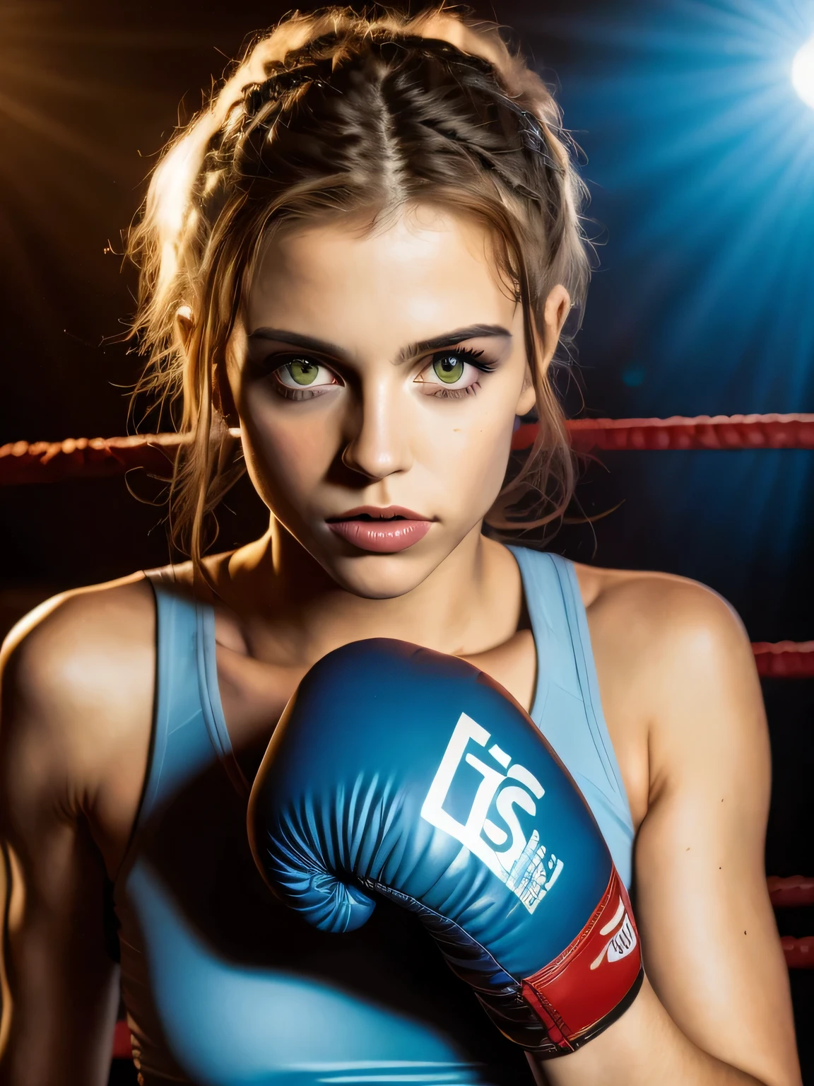 Retrato de uma jovem linda de 25 anos brava, nervosa, bad girl, it teeerious, malvada, brava, irritada, cara de mau, bela brasileira, in fighting position, boxing gloves on hands, hands at chin height, bunda grande perfeita, nua, coxas grossas e fortes, with braided hair beautiful eyes, olhos azuis brilhantes,  marca de sol, bota de salto alto brilhante, calcinha trasparente, usando top curta, em sala fechada, Parede com ladrilhos de metal preto, (discoteca escura, luz escura e mal-humorada: 1.2), (foto de corpo inteiro).