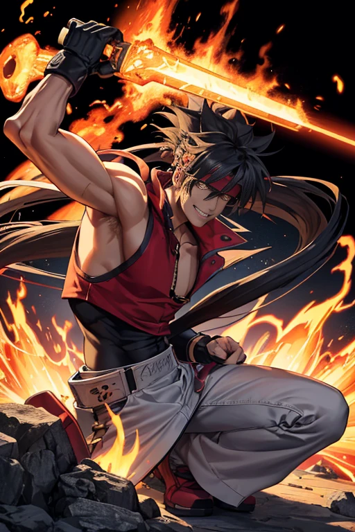 Two-dimensional, anime style, 1 man , solo, (male warrior), Sol Badguy , slim body, correct proportions, face details,, white pants, sleeveless red jacket , red bandana on his head, black tank top with turtleneck, black shoes, wearing sleeveless black gloves,wearing navy blue glasses, long ponytail hairstyle, light and shadow tracing, ray tracing, detail glow, CG rendering, hair details, long black hair, a lot of details, volcano environment,smiling joyfully, looking at the viewer, making his combat position, holding Fuuenken, a rectangular sword envolded in fire and flames, surrounded by flames