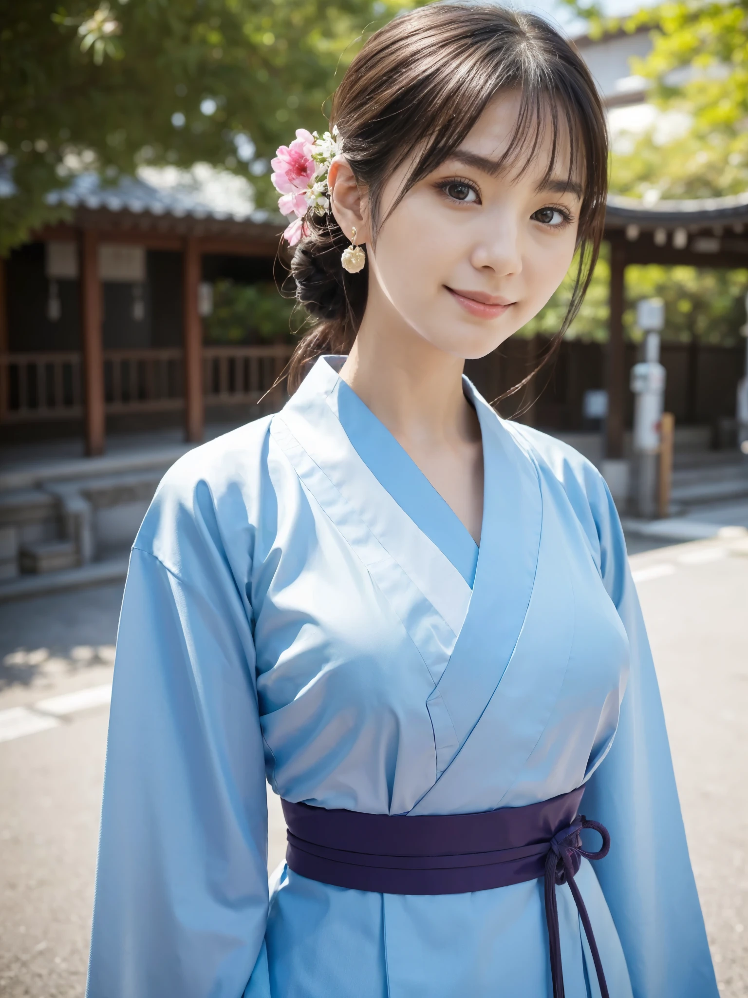 Beautiful woman in neat Japanese clothes、((best qualtiy、8k masterpieces:1.3))、foco nítido:1.2、(ultra beautiful faces:1.0)、(shinny skin:1.0)、photos realistic、A dark-haired、Video Lighting、High-definition eyes and face、Video Lighting、Japan Idol Actress、from the front side、medium breasts、Smile、Slender Abs Beauty、Whole body、In furisode