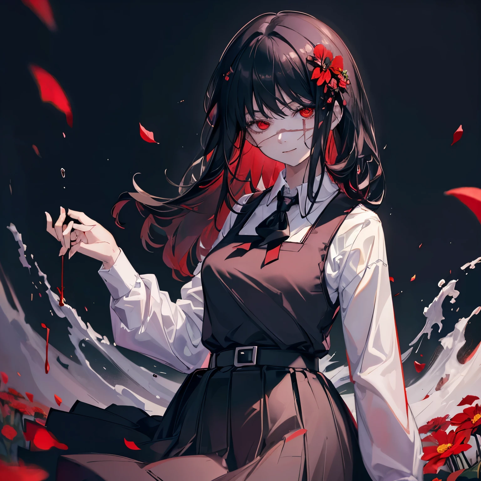 (masterpiece, best quality), yoru, 1girl, long hair, red eyes, scar on face, ringed eyes, pinafore dress, black belt, black ribbon, smile, dark background, red flower, looking at viewer, blood, (wallpaper), (8k hd), black belt, blood drops, (holding red flower:1.2), petals,