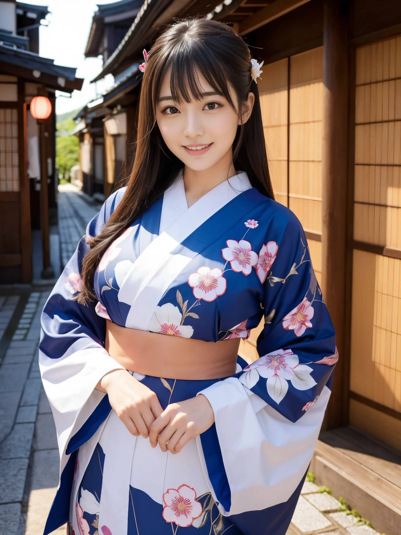 Beautiful woman in neat Japanese clothes、((best qualtiy、8k masterpieces:1.3))、foco nítido:1.2、(ultra beautiful faces:1.0)、(shinny skin:1.0)、photos realistic、A dark-haired、Video Lighting、High-definition eyes and face、Video Lighting、Japan Idol Actress、from the front side、medium breasts、Smile、Slender Abs Beauty、Whole body、In furisode