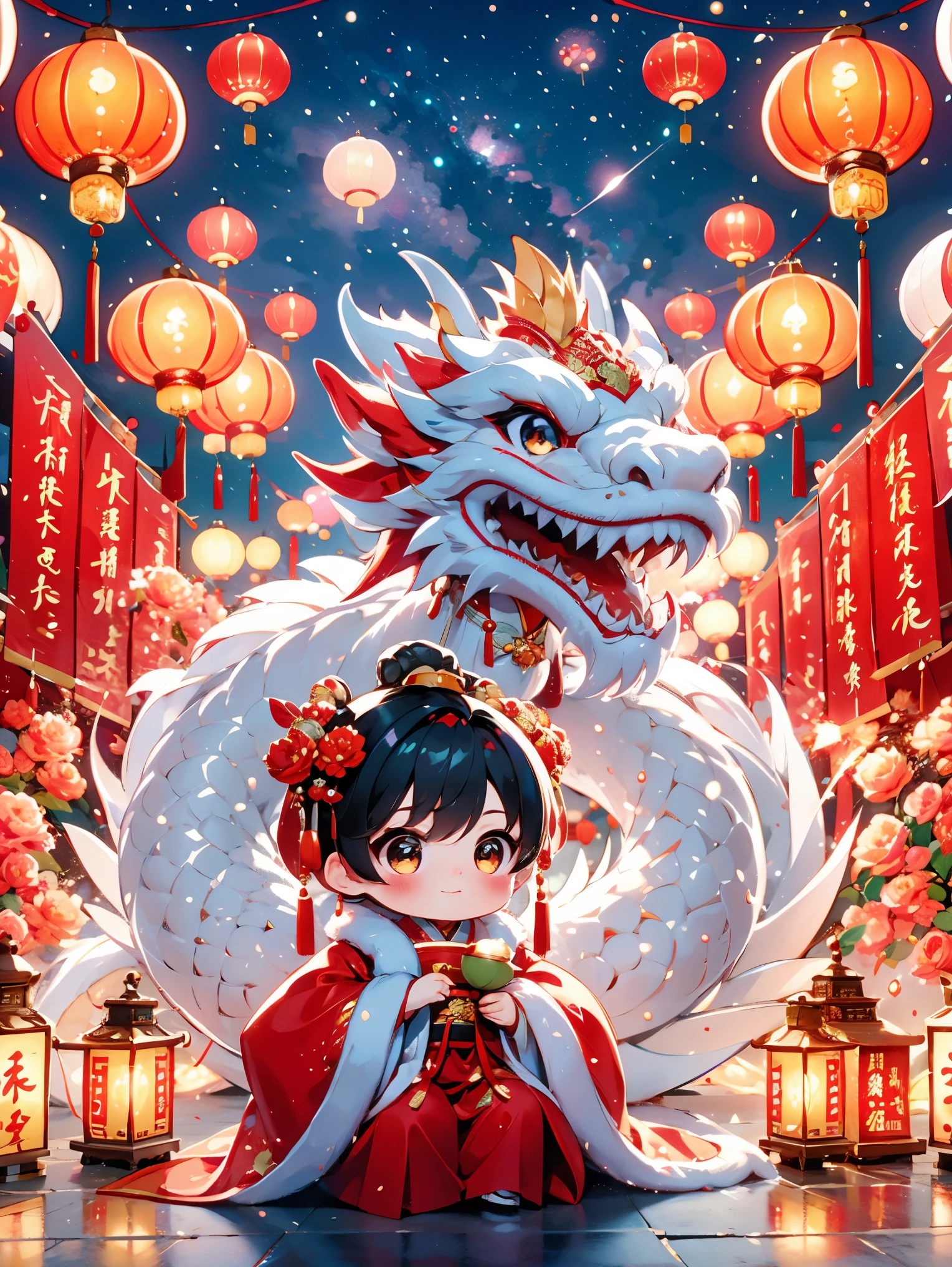 1 男孩拥抱cute的小中国龙，little prince of china，Chinese little dragon，cute，festival，Chinese New Year，firecrackereworks，lantern