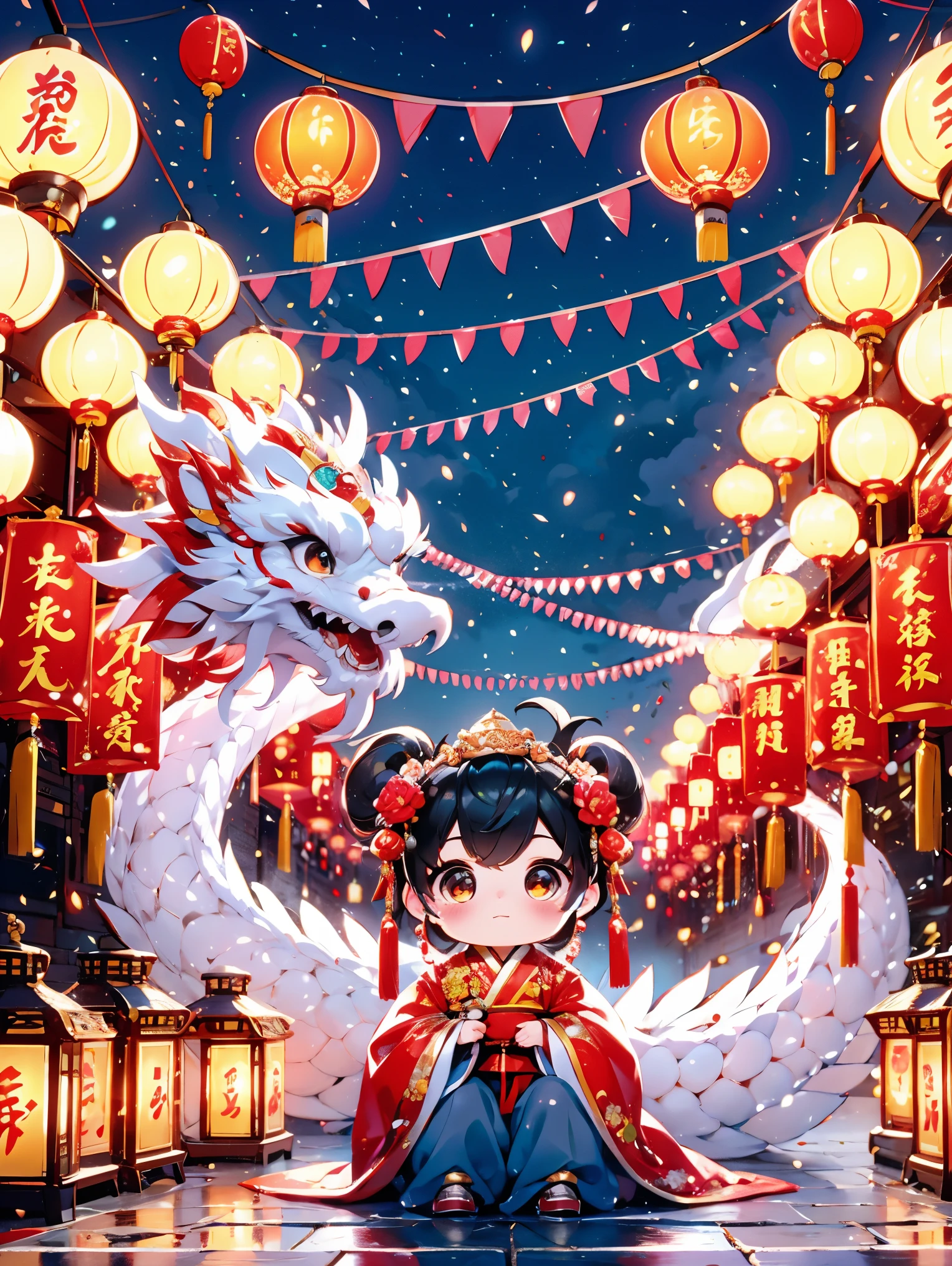 1 男孩拥抱cute的小中国龙，little prince of china，Chinese little dragon，cute，festival，Chinese New Year，firecrackereworks，lantern