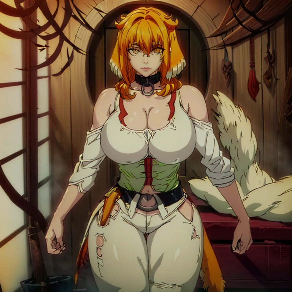 place:(day:1.7), in forest village, wooden kitchen ,brick_wall,
action:dungeon, standing, (large breast:1.5), dynamic pose,
trappings:(White_Sleeveless_Shirt:1.2),(Black_Choker),arm_strap, armband, bare_shoulders,red pants,belt,Deep_cleavage,(navel:1.1),cleavage cutout, (small talons on the forearm:1.2),
The character:choker,
the hair:(tall:1.2), (short_red_hair:1.2155), yellow eyes,bangs,
Eye expressions:looking at viewer, (innocent_big_eyes:1.3),
Quality: official art,extremely detailed CG unity 8k wallpaper, perfect lighting,Colorful, Bright_Front_face_Lighting, (masterpiece:1.0),(best_quality:1.0), ultra high res,4K,ultra-detailed, photography, 8K, HDR, highres, absurdres:1.2, Kodak portra 400, film grain, blurry background, bokeh:1.2, lens flare, (vibrant_color:1.2)
big breasts body: (Beautiful,large_Breasts:1.4), (narrow_waist), (skindentation, narrow waist, thighs, wide hips, half eye close, eyeliner, eyelashes, perfect face, detailed eyes, facial lighting:1.2),