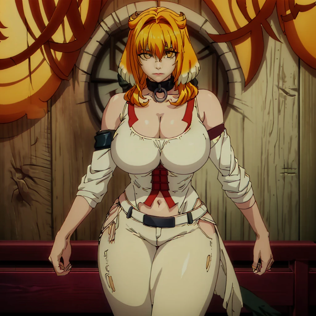 place:(day:1.7), in forest village, wooden kitchen ,brick_wall,
action:dungeon, standing, (large breast:1.5), dynamic pose,
trappings:(White_Sleeveless_Shirt:1.2),(Black_Choker),arm_strap, armband, bare_shoulders,red pants,belt,Deep_cleavage,(navel:1.1),cleavage cutout, (small talons on the forearm:1.2),
The character:choker,
the hair:(tall:1.2), (short_red_hair:1.2155), yellow eyes,bangs,
Eye expressions:looking at viewer, (innocent_big_eyes:1.3),
Quality: official art,extremely detailed CG unity 8k wallpaper, perfect lighting,Colorful, Bright_Front_face_Lighting, (masterpiece:1.0),(best_quality:1.0), ultra high res,4K,ultra-detailed, photography, 8K, HDR, highres, absurdres:1.2, Kodak portra 400, film grain, blurry background, bokeh:1.2, lens flare, (vibrant_color:1.2)
big breasts body: (Beautiful,large_Breasts:1.4), (narrow_waist), (skindentation, narrow waist, thighs, wide hips, half eye close, eyeliner, eyelashes, perfect face, detailed eyes, facial lighting:1.2),