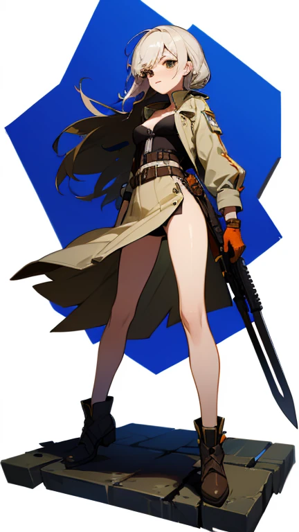 (((Best Quality))) , ((full body)), female, reference sheet, solo, (white background), holding weapon, gloves, trench skirt, belt, standing, casual dress, bikini, side slit skirt, gloves, blue, orange, green, violet, brown, white,
