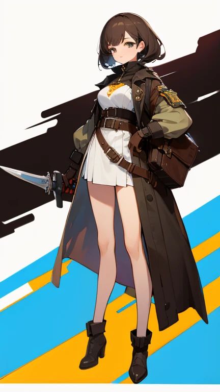 (((Best Quality))) , ((full body)), female, reference sheet, solo, (white background), holding weapon, gloves, trench skirt, belt, standing, casual dress, bikini, side slit skirt, gloves, blue, orange, green, violet, brown, white,
