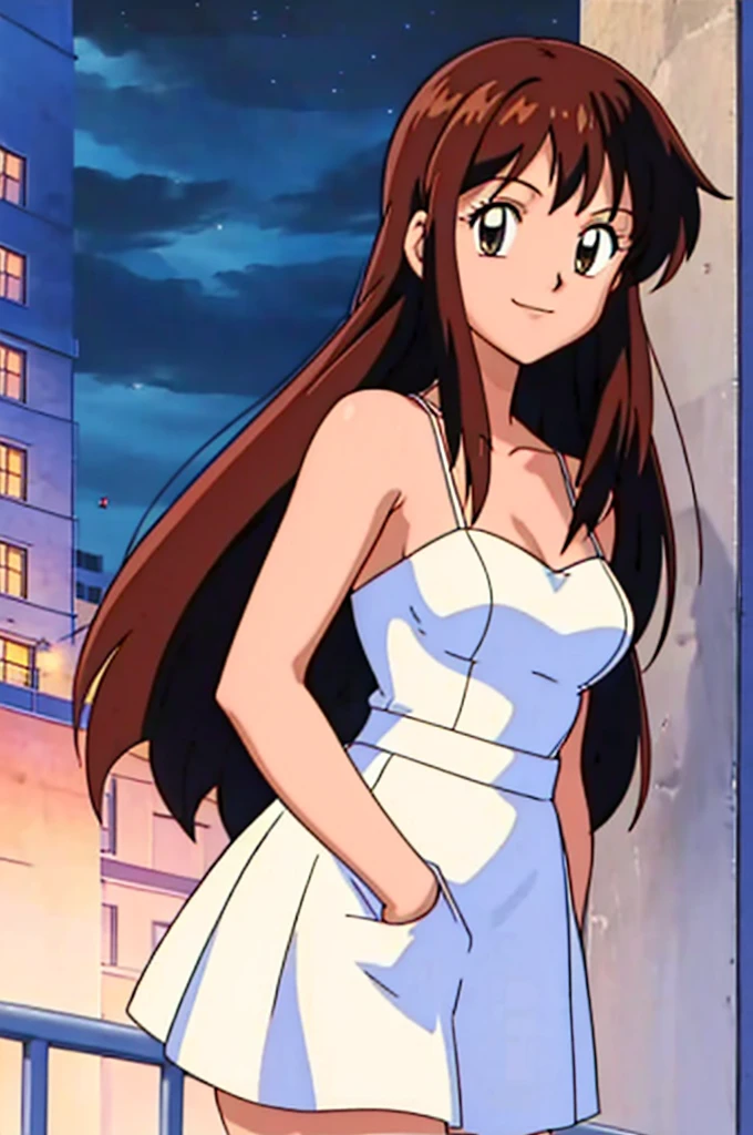 (masterpiece, official art), melody, 1 girl, solo, brown hair, dark brown eyes, ruffle off the shoulders light blue sundress, (closeup), portrait, (medium breasts, slender, chest), (Balcony, outside, at night), looking at viewer, (upper body), smile, seductive, alluring attire