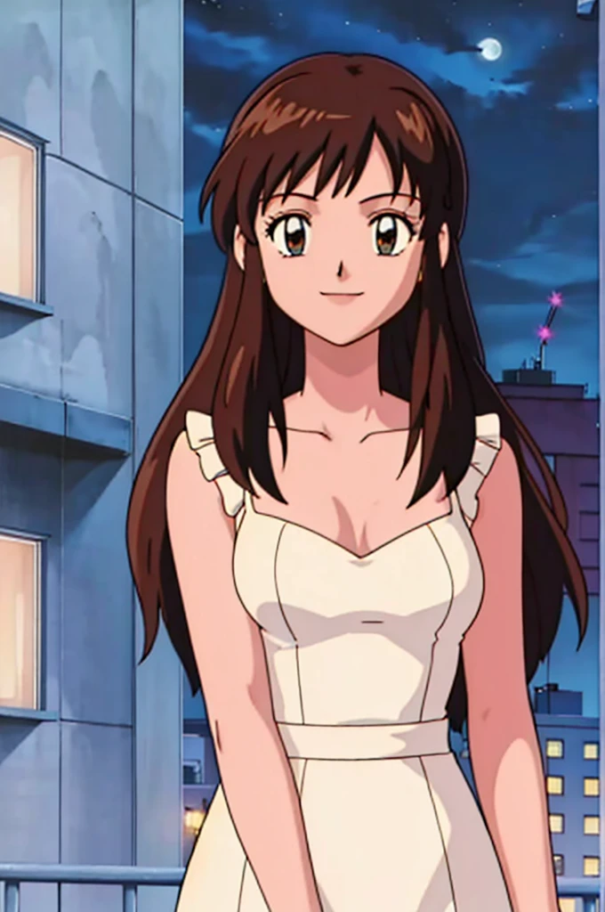 (masterpiece, official art), melody, 1 girl, solo, brown hair, dark brown eyes, ruffle off the shoulders light blue sundress, (closeup), portrait, (medium breasts, slender, chest), (Balcony, outside, at night), looking at viewer, (upper body), smile, seductive, alluring attire