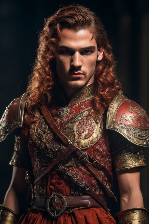 (modelo Elden anel geral radahn no deserto vermelho europeu masculino vermelho, (Orange hair male sorcerer sorcerer casting spells fire prince noble eyes rich color brown red), (rosto raspado cabelo vermelho vermelho). (atraente, corpo inteiro bem definido, pele em 4k, stand, luz), Cinematic lighting. fotografia, Detailed symmetrical realistic face. David haller como um gladiador romano traje europeu Roma grego e vermelho e dourado traje romano com joias de rubi extremamente detalhado , peach skin, Auburn Cabelo, master part, disparate, Nikon D850 Fotografia de Stock, Kodak Portra 400 F1.6 Lens camera, extremamente detalhado, Amazing, detalhes finos, textura hiper realista, dramatic lighting, alta qualidade, Full Resolution, sharp focus, extremamente detalhado , Cinematic lighting, 8k UHD.