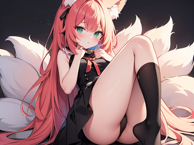 masterpiece, best quality,Super exquisite illustrations, perfect anatomy, correct anatomy, Perfect proportion, perfect face, perfect hands, perfect legs, perfect hands指, perfect hands, professional lighting, best quality, Super detailed, extremely delicate and beautiful, 4K, 8k,,1 girl, Fox girl,  (((colorful hair:1.2)(Black 1.1)(Red 1.1),  fox ears, long hair, fox tails, black skirt, Black fishnet socks, cute expression, high resolution, best quality, masterpiece,Clear facial contours, beautiful eyes, Beautiful and delicate eyes, highly detailed eyes, ribbon, collar, looking at the audience,  green eyes, head-shot