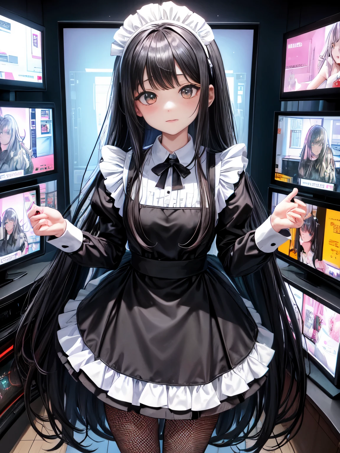 a woman in maid outfit with a television behind her with many images on the screen, fishnets, long hair, 1girl, pantyhose, television, maid headdress, maid, black hair, looking at viewer, bangs, black footwear, monitor, long sleeves, frills, dress, fishnet pantyhose, solo, very long hair