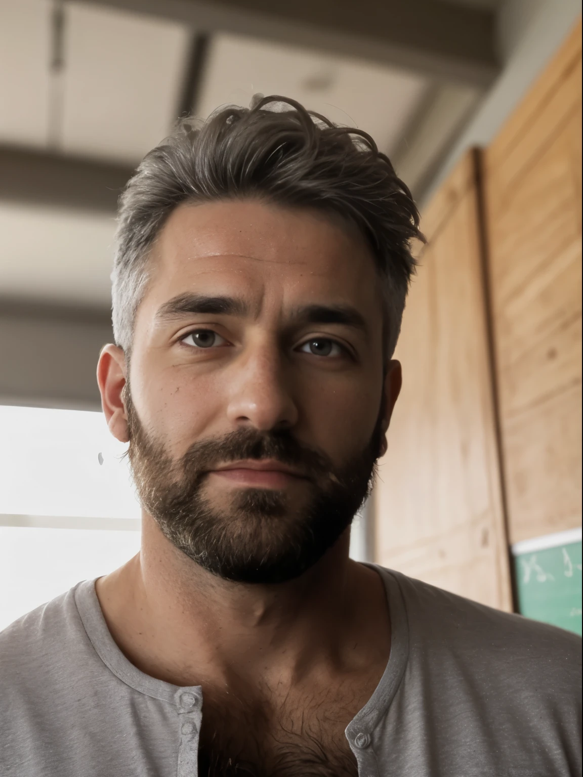 masterpiece, best quality, high resolution, closeup portrait, male focus, solo focus, A man, 45 years old, grey hair, in unbuttoned shirt, college professor, grey silver hair, messy hairstyle, cute and seductive face, bare chest, body hair, facial hair, pale skin, sun freckles, roman nose, very skinny body, hairy legs, cute, dimples, beard, very hairy armpits, bold jawline, submissive pose,, sweaty, in the background a classroom,  view from below, amazing composition, front view, HDR, ultra quality, elegant, highly detailed