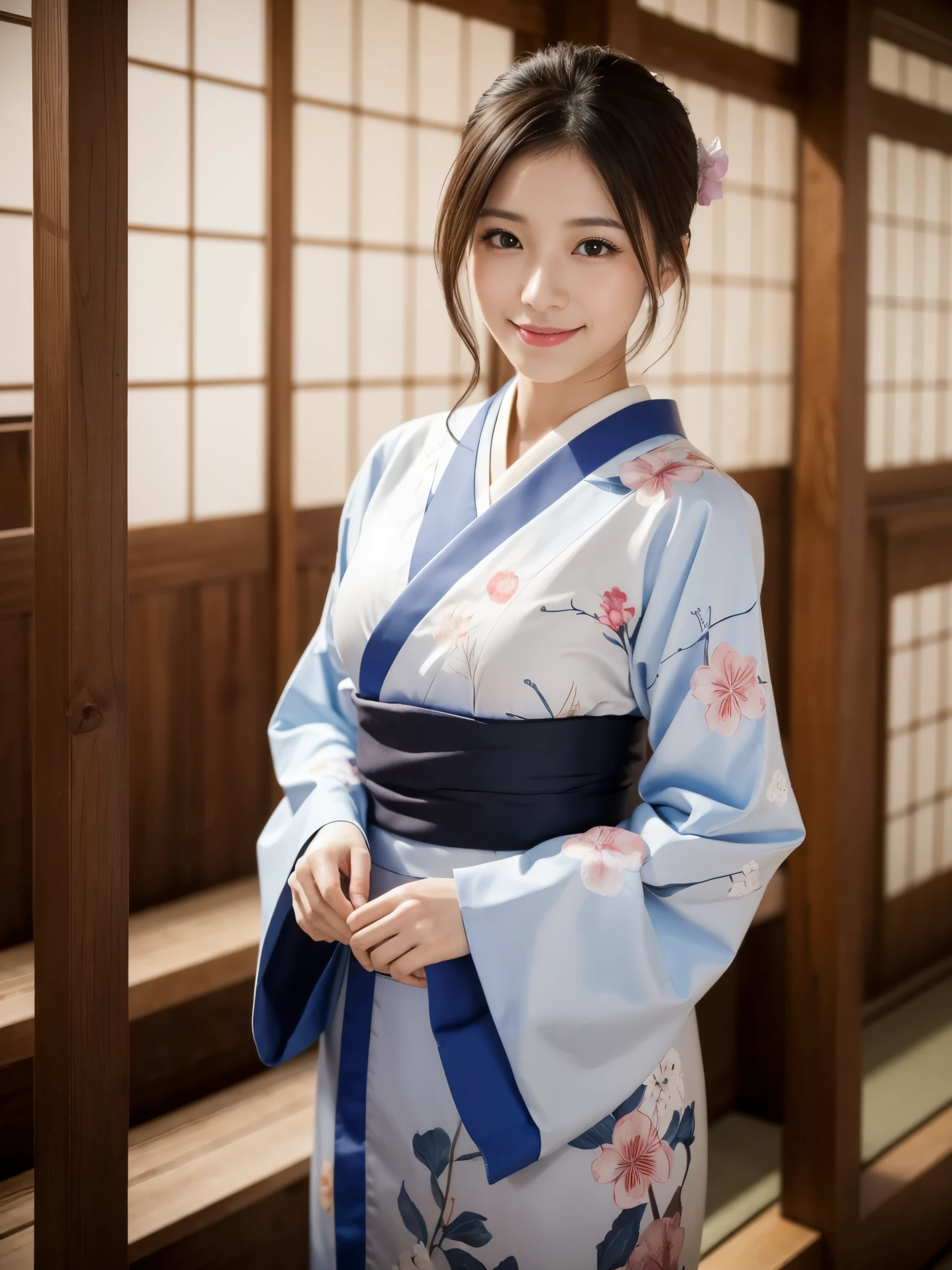 Beautiful woman in neat Japanese clothes、((best qualtiy、8k masterpieces:1.3))、foco nítido:1.2、(ultra beautiful faces:1.0)、(shinny skin:1.0)、photos realistic、A dark-haired、Video Lighting、High-definition eyes and face、Video Lighting、Japan Idol Actress、from the front side、medium breasts、Smile、Slender Abs Beauty、Whole body、In furisode